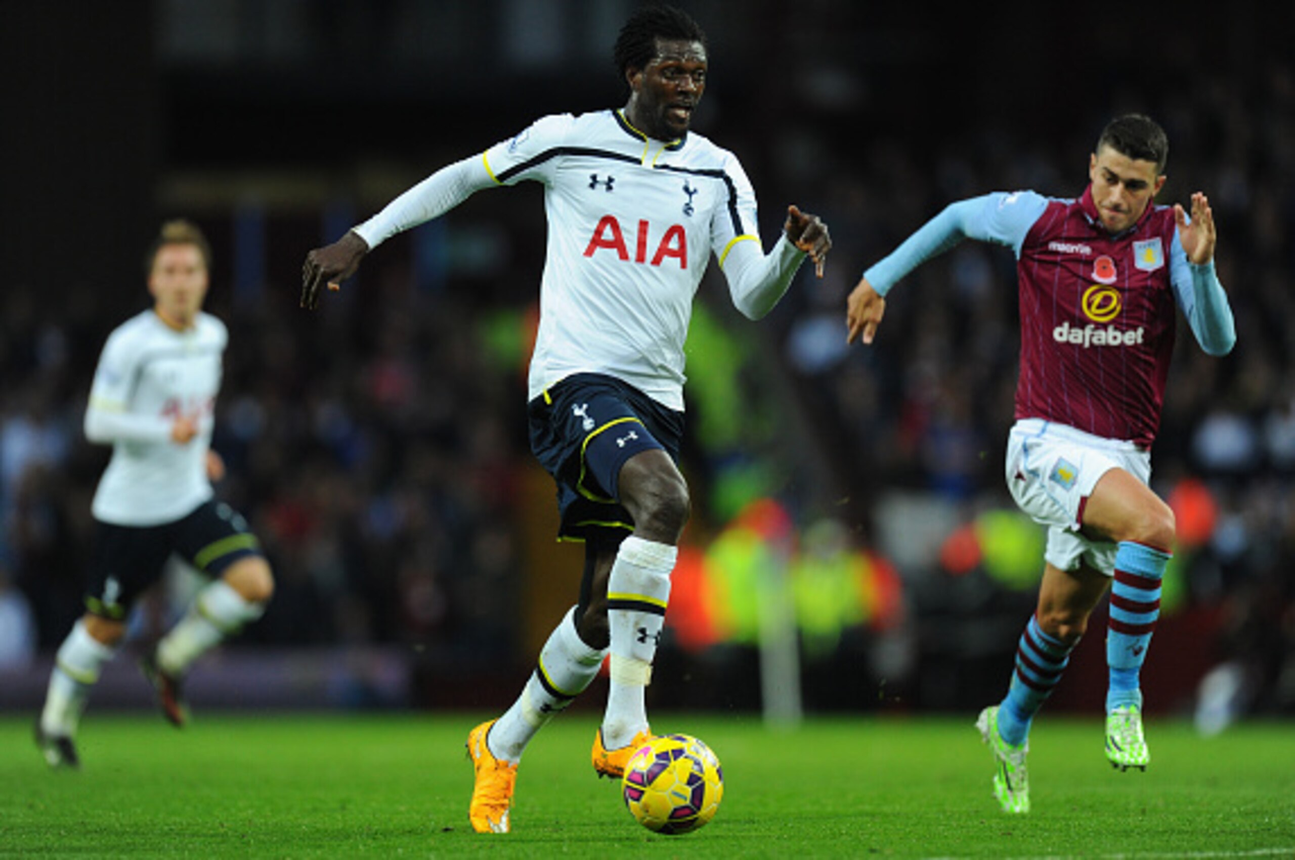 BIRMINGHAM, ENGLAND - NOVEMBER 02:  Spurs striker Emmanuel Adebayor (c) closes in on goal during the Barclays Premier League match between Aston Villa and Tottenham Hotspur at Villa Park on November 2, 2014 in Birmingham, England.  (Photo by Stu Forster/G