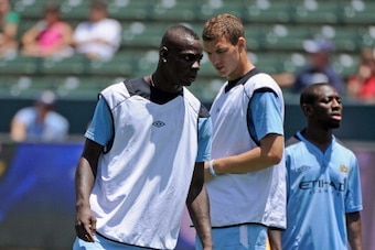 CARSON, CA - JULY 24:  Mario Balotelli #45, Edin Dzeko #10 and Shaun Wright-Phillips #8 of Manchester City during warm ups against Los Angeles Galaxy during the Herbalife World Football Challenge 2011 at the Home Depot Center on July 24, 2011 in Carson, C