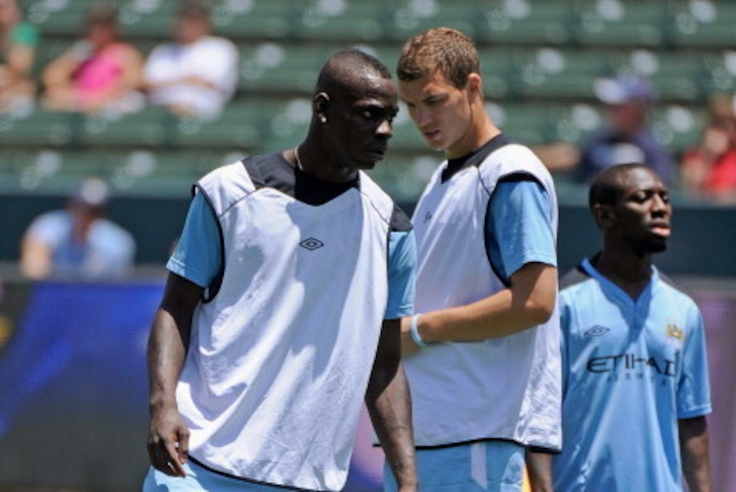 CARSON, CA - JULY 24: Mario Balotelli #45, Edin Dzeko #10 and Shaun Wright-Phillips #8 of Manchester City during warm ups against Los Angeles Galaxy during the Herbalife World Football Challenge 2011 at the Home Depot Center on July 24, 2011 in Carson, C CARSON, CA - JULY 24: Mario Balotelli #45, Edin Dzeko #10 and Shaun Wright-Phillips #8 of Manchester City during warm ups against Los Angeles Galaxy during the Herbalife World Football Challenge 2011 at the Home Depot Center on July 24, 2011 in Carson, C