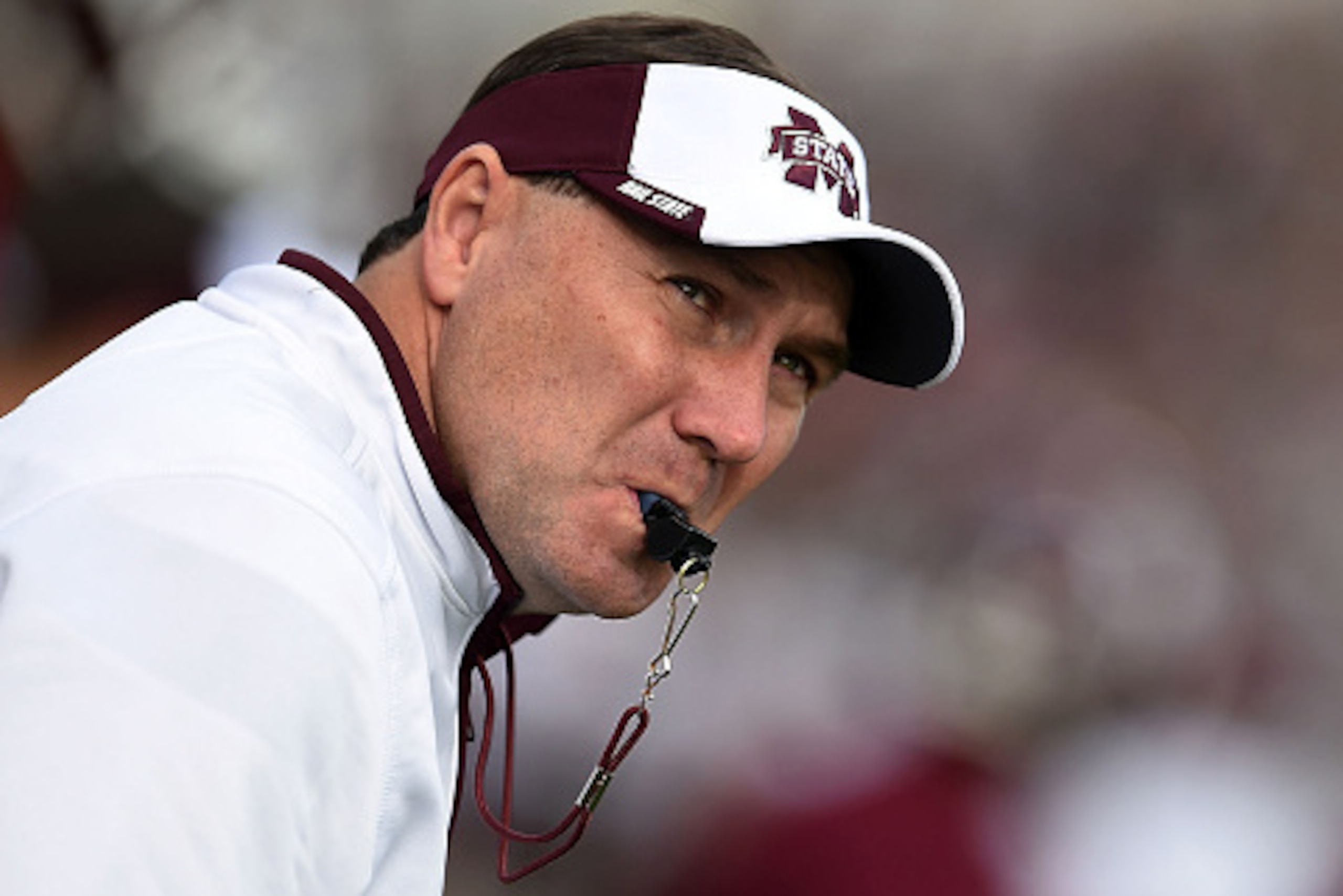 STARKVILLE, MS - NOVEMBER 08:  Head coach Dan Mullen of the Mississippi State Bulldogs watches action prior to a game against the Tennessee Martin Skyhawks at Davis Wade Stadium on November 8, 2014 in Starkville, Mississippi.  (Photo by Stacy Revere/Getty
