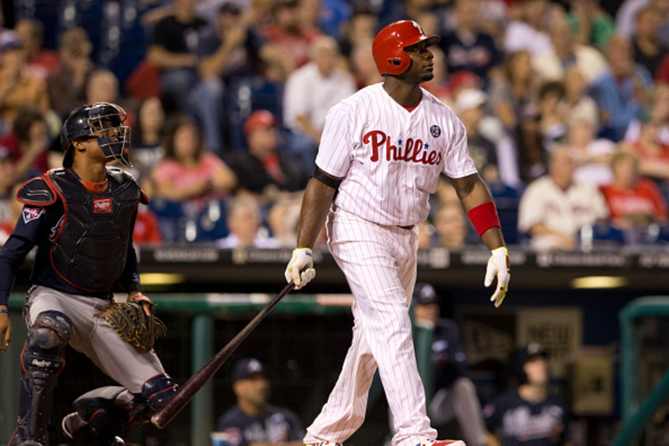 PHILADELPHIA, PA - SEPTEMBER 27: First baseman Ryan Howard #6 of the Philadelphia Phillies hits a solo home run in the bottom of the second inning against the Atlanta Braves on September 27, 2014 at Citizens Bank Park in Philadelphia, Pennsylvania. (Photo