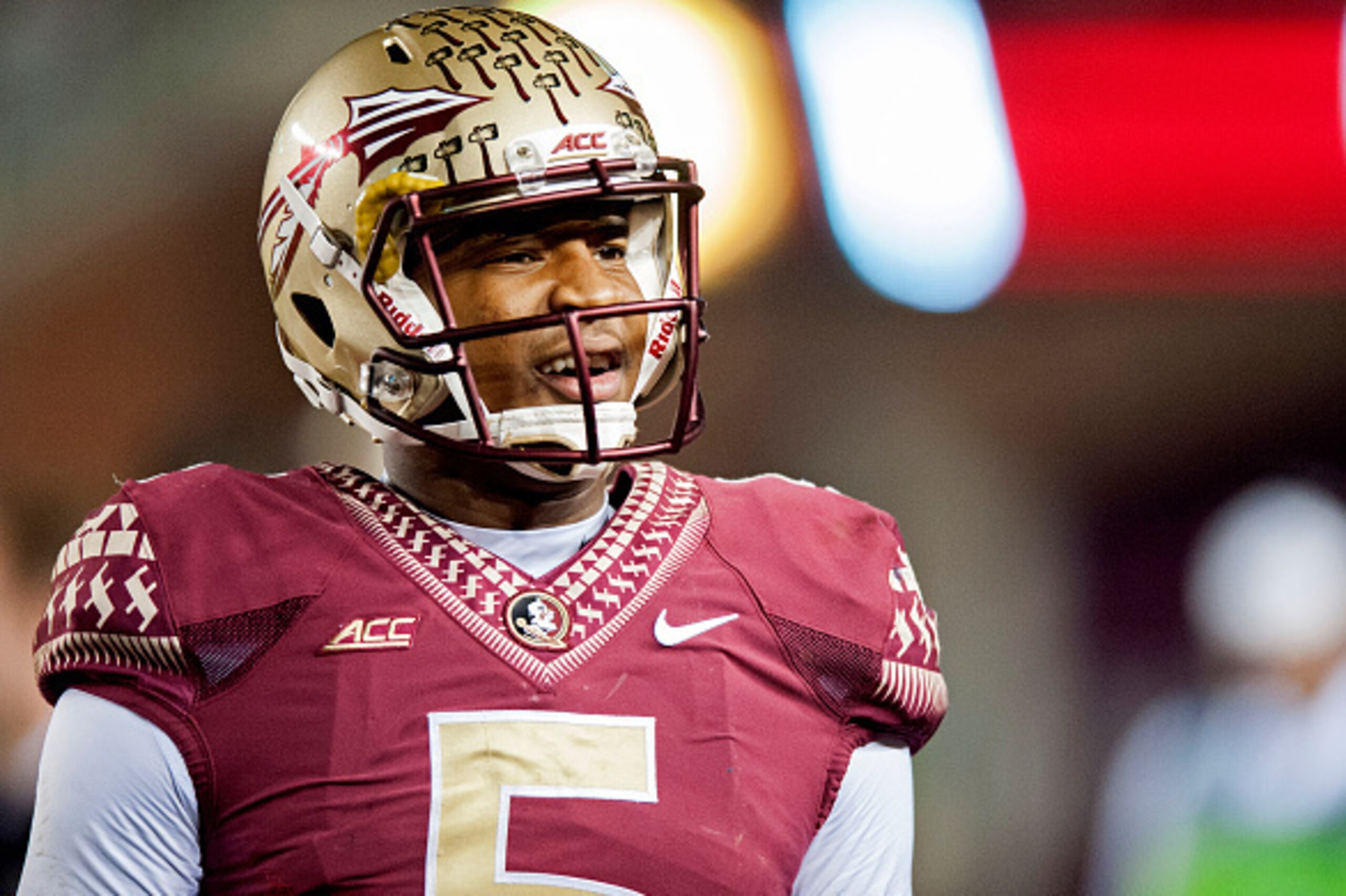 TALLAHASSEE, FL - NOVEMBER 8: Quarterback Jameis Winston #5 of the Florida State Seminoles looks on from the sidelines during the game at Doak Campbell Stadium on November 8, 2014 in Tallahassee, Florida. The Seminoles beat the Cavaliers 34-20 (Photo by J