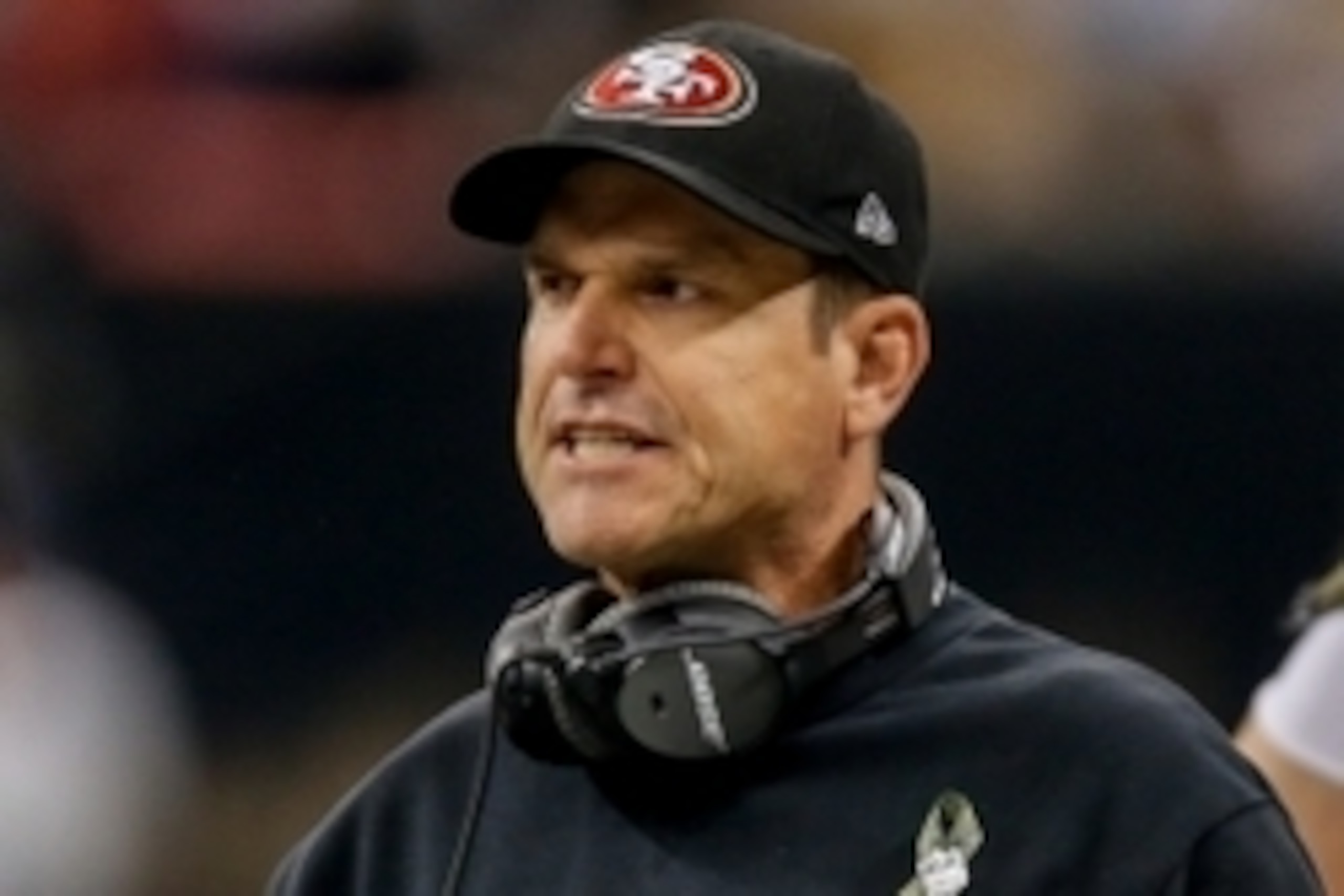 Nov 9, 2014; New Orleans, LA, USA; San Francisco 49ers head coach Jim Harbaugh looks on during the first quarter against the New Orleans Saints at Mercedes-Benz Superdome. Mandatory Credit: Derick E. Hingle-USA TODAY Sports