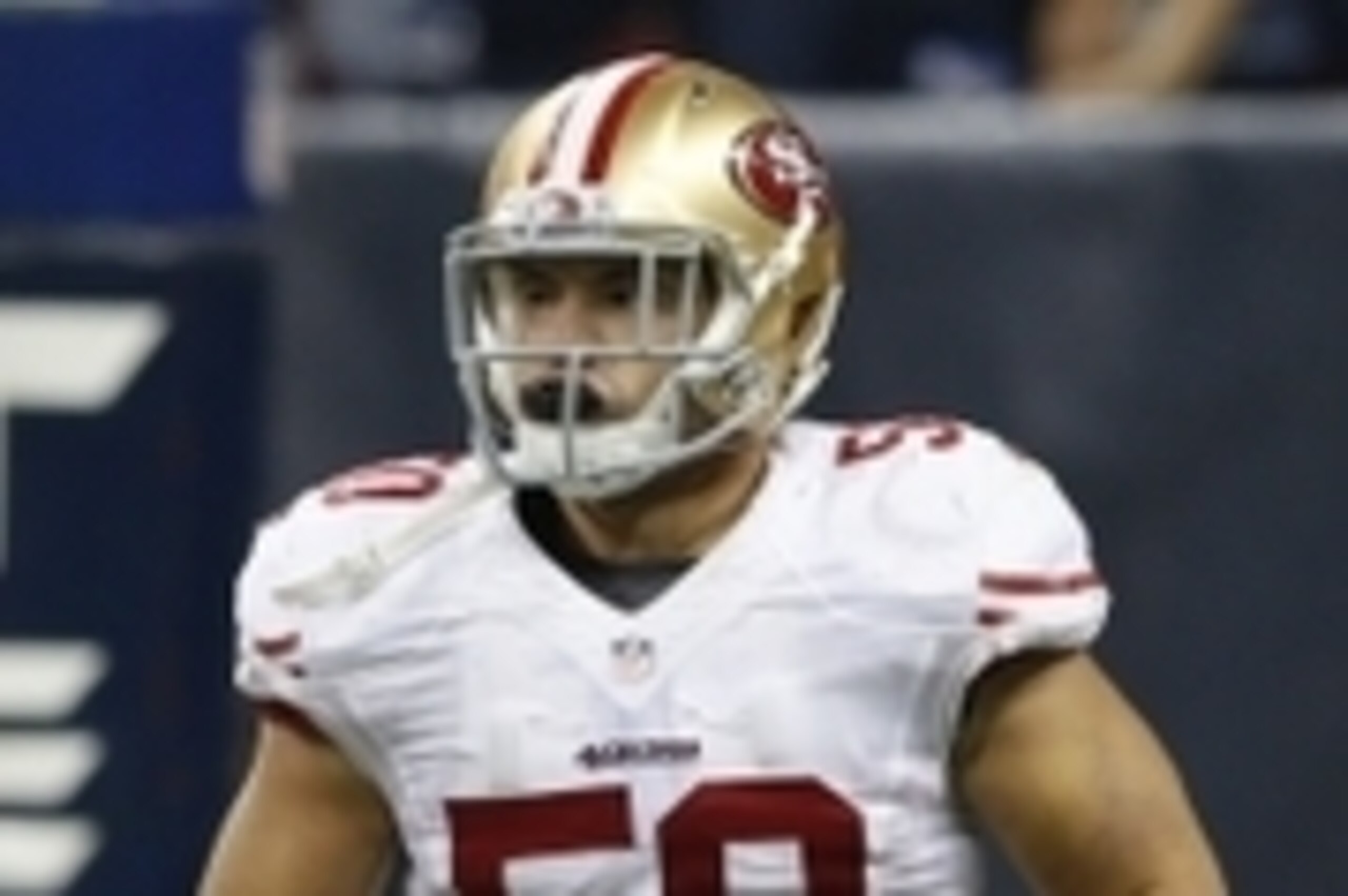 Aug 28, 2014; Houston, TX, USA; San Francisco 49ers inside linebacker Chris Borland (50) during the game against the Houston Texans at NRG Stadium. Mandatory Credit: Kevin Jairaj-USA TODAY Sports