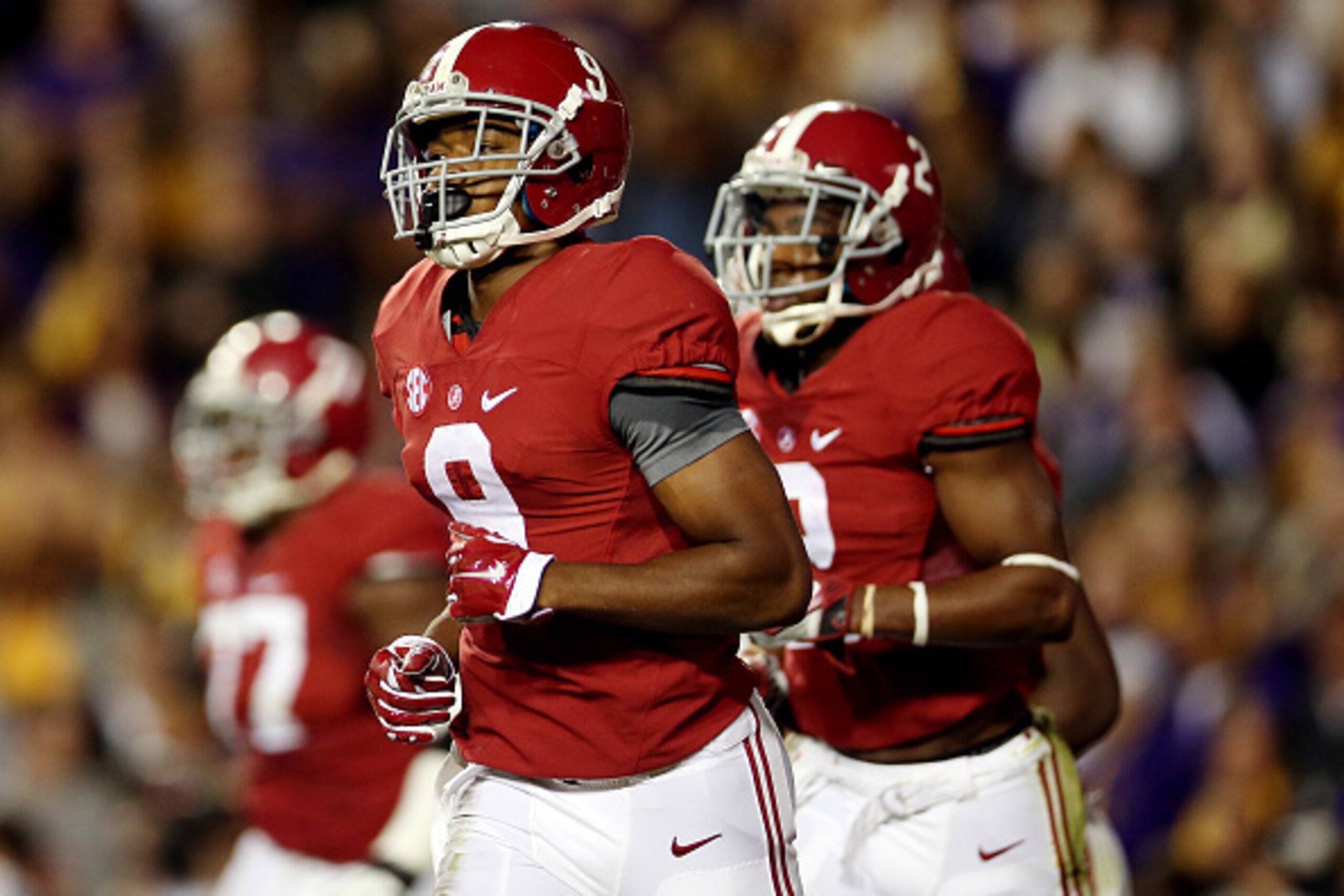 BATON ROUGE, LA - NOVEMBER 08: Amari Cooper #9 of the Alabama Crimson Tide runs off the field after scoring a touchdown in the second quarter against the LSU Tigers during a game at Tiger Stadium on November 8, 2014 in Baton Rouge, Louisiana. (Photo by C BATON ROUGE, LA - NOVEMBER 08: Amari Cooper #9 of the Alabama Crimson Tide runs off the field after scoring a touchdown in the second quarter against the LSU Tigers during a game at Tiger Stadium on November 8, 2014 in Baton Rouge, Louisiana. (Photo by C