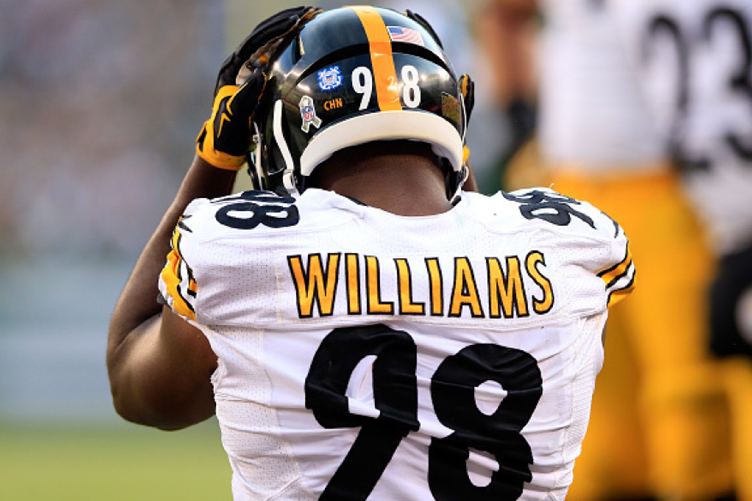 EAST RUTHERFORD, NJ - NOVEMBER 09: Inside linebacker Vince Williams #98 of the Pittsburgh Steelers reacts against the New York Jets during a game at MetLife Stadium on November 9, 2014 in East Rutherford, New Jersey.  (Photo by Alex Trautwig/Getty Images)