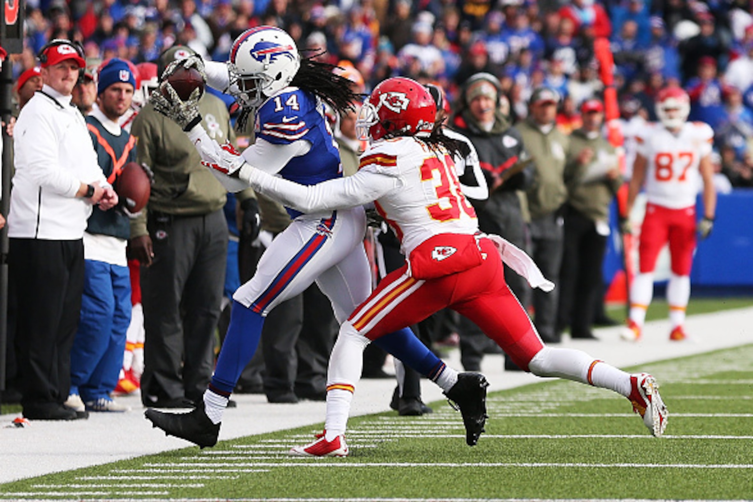 ORCHARD PARK, NY - NOVEMBER 09:   Sammy Watkins #14 of the Buffalo Bills makes a catch in front of  Ron Parker #38 of the Kansas City Chiefs  during the second half at Ralph Wilson Stadium on November 9, 2014 in Orchard Park, New York.  (Photo by Brett Ca
