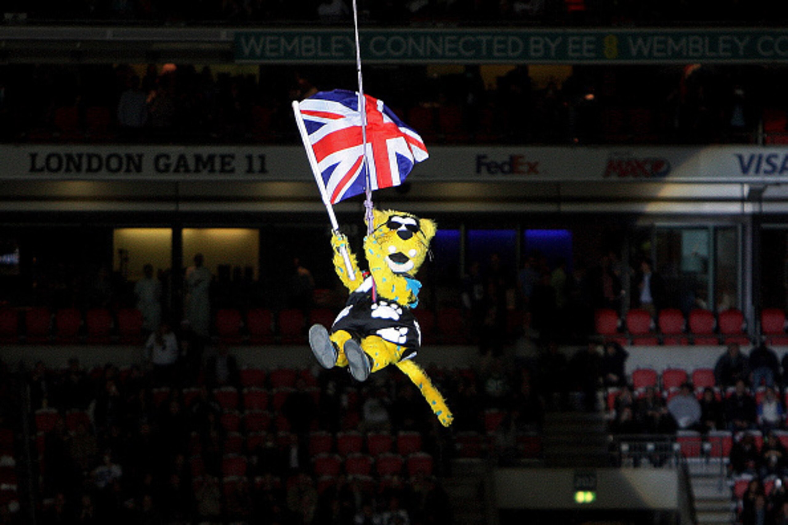 LONDON, ENGLAND - NOVEMBER 09:  Jaxson de Ville the mascot of the Jacksonville Jaguars abseils into the stadium during the NFL week 10 match between the Jackson Jaguars and the Dallas Cowboys at Wembley Stadium on November 9, 2014 in London, England.( Nic