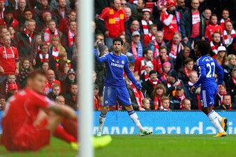 LIVERPOOL, ENGLAND - NOVEMBER 08:  Diego Costa of Chelsea celebrates scoring their second goal during the Barclays Premier League match between Liverpool and Chelsea at Anfield on November 8, 2014 in Liverpool, England.  (Photo by Alex Livesey/Getty Image