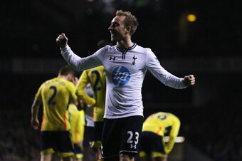 LONDON, ENGLAND - APRIL 07:  Christian Eriksen of Tottenham Hotspur celebrates scoring his team's third goal during the Barclays Premier League match between Tottenham Hotspur and Sunderland at White Hart Lane on April 7, 2014 in London, England.  (Photo 