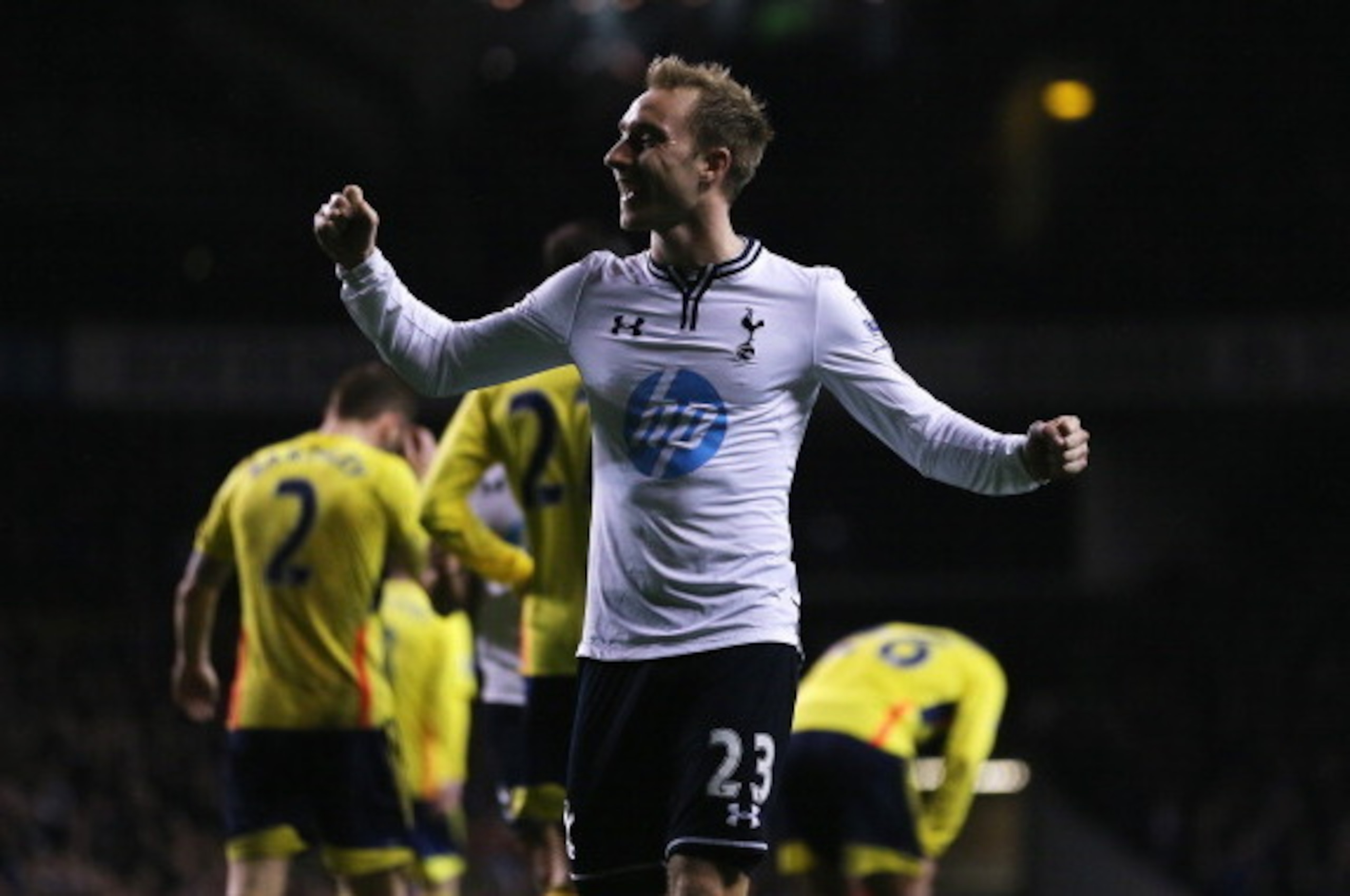 LONDON, ENGLAND - APRIL 07:  Christian Eriksen of Tottenham Hotspur celebrates scoring his team's third goal during the Barclays Premier League match between Tottenham Hotspur and Sunderland at White Hart Lane on April 7, 2014 in London, England.  (Photo 