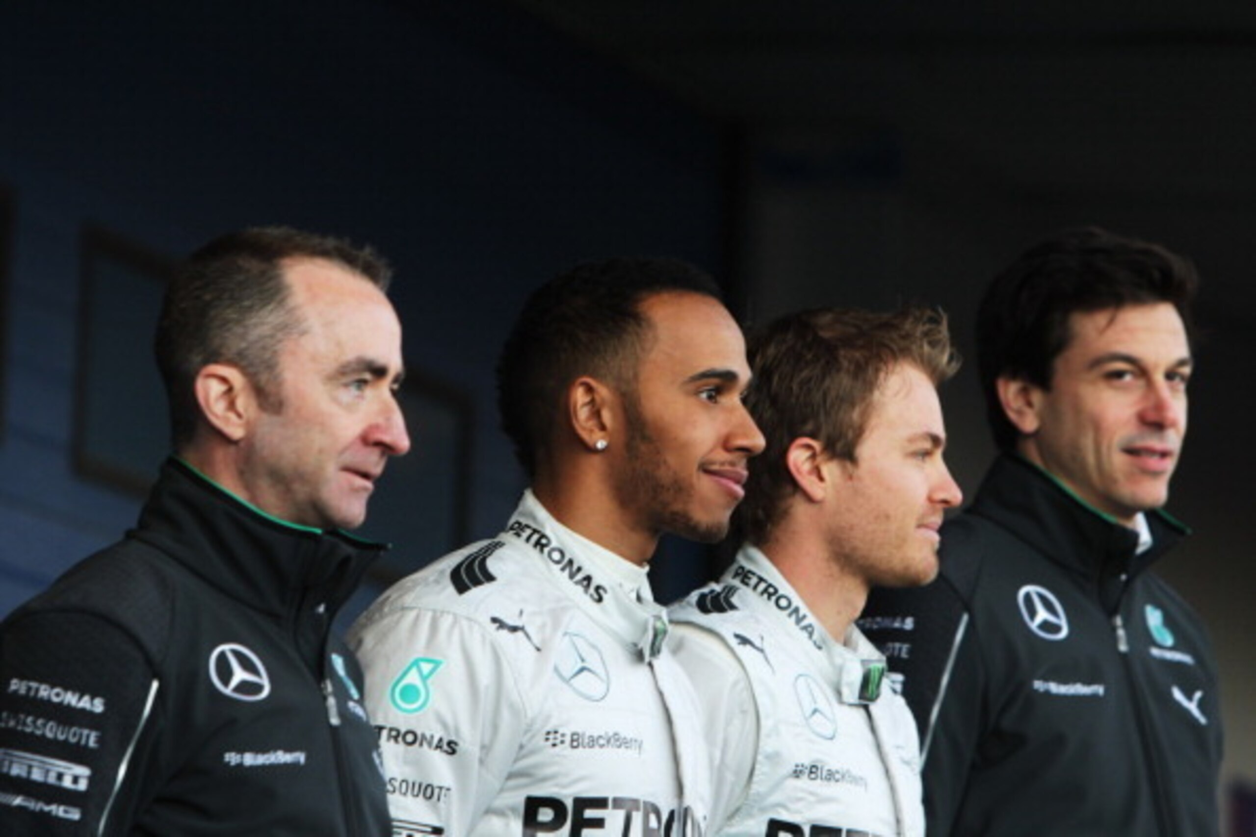 JEREZ DE LA FRONTERA, SPAIN - JANUARY 28:  (L-R) Paddy Lowe the Mercedes GP Executive Director (Technical),  Lewis Hamilton of Great Britain and Mercedes GP, Nico Rosberg of Germany and Mercedes GP and Toto Wolff the Mercedes GP Executive Director unveil 