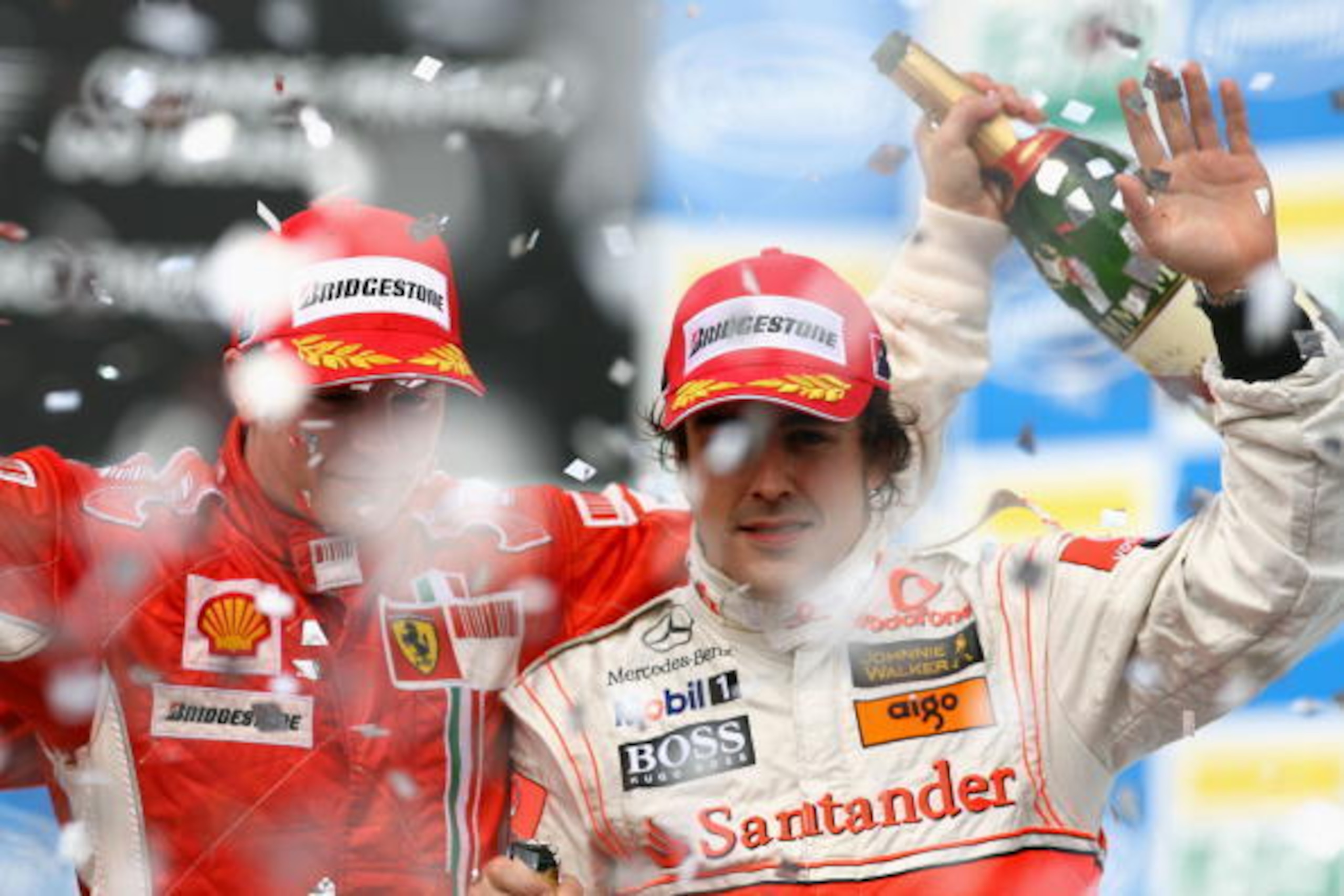 SAO PAULO, BRAZIL - OCTOBER 21:  (L-R) Race winner and new F1 World Champion Kimi Raikkonen of Finland and Ferrari and last years champion third placed Fernando Alonso of Spain and McLaren Mercedes celebrate on the podium following the Brazilian Formula O
