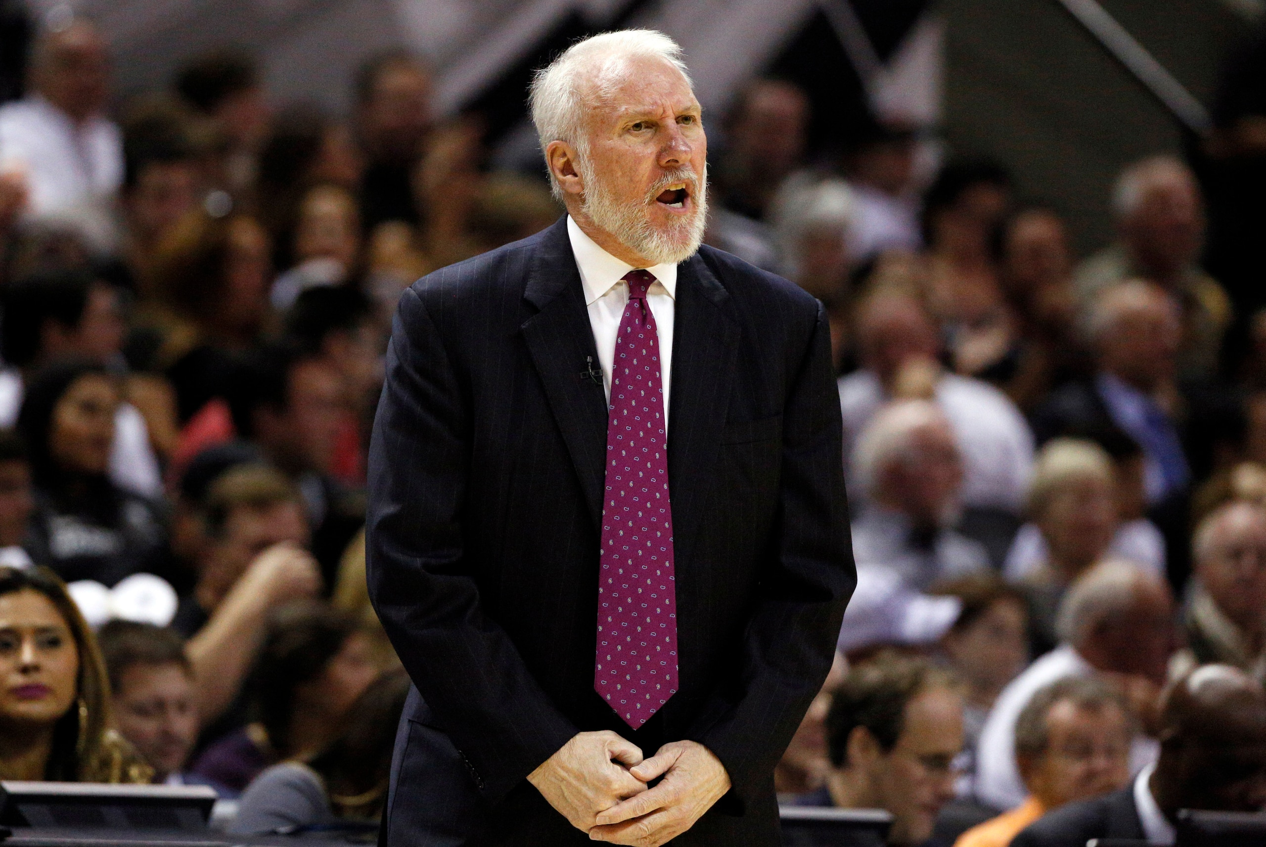 Oct 28, 2014; San Antonio, TX, USA; San Antonio Spurs head coach Gregg Popovich reacts to a call against the Dallas Mavericks during the first half at AT&T Center. Mandatory Credit: Soobum Im-USA TODAY Sports