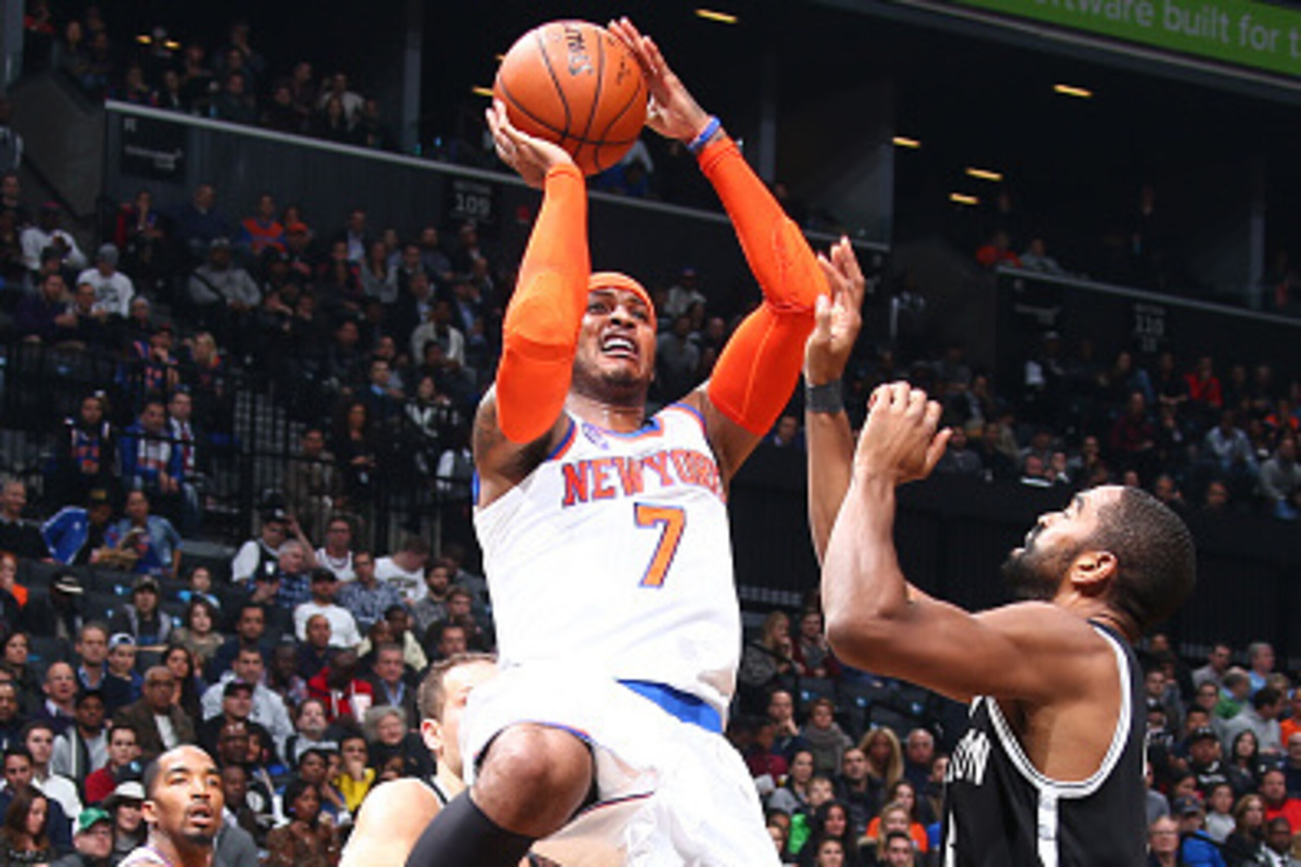 BROOKLYN, NY - NOVEMBER 7: Carmelo Anthony #7 of the New York Knicks takes a shot against the Brooklyn Nets on November 7, 2014 at Barclays Center in Brooklyn, New York. NOTE TO USER: User expressly acknowledges and agrees that, by downloading and or usin