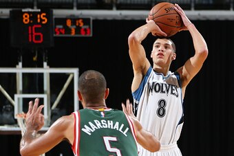 MINNEAPOLIS, MN - OCTOBER 17: Zach LaVine #8 of the Minnesota Timberwolves shoots against the Milwaukee Bucks on October 17, 2014 at U.S. Cellular Center in Cedar Rapids, Iowa. NOTE TO USER: User expressly acknowledges and agrees that, by downloading and 