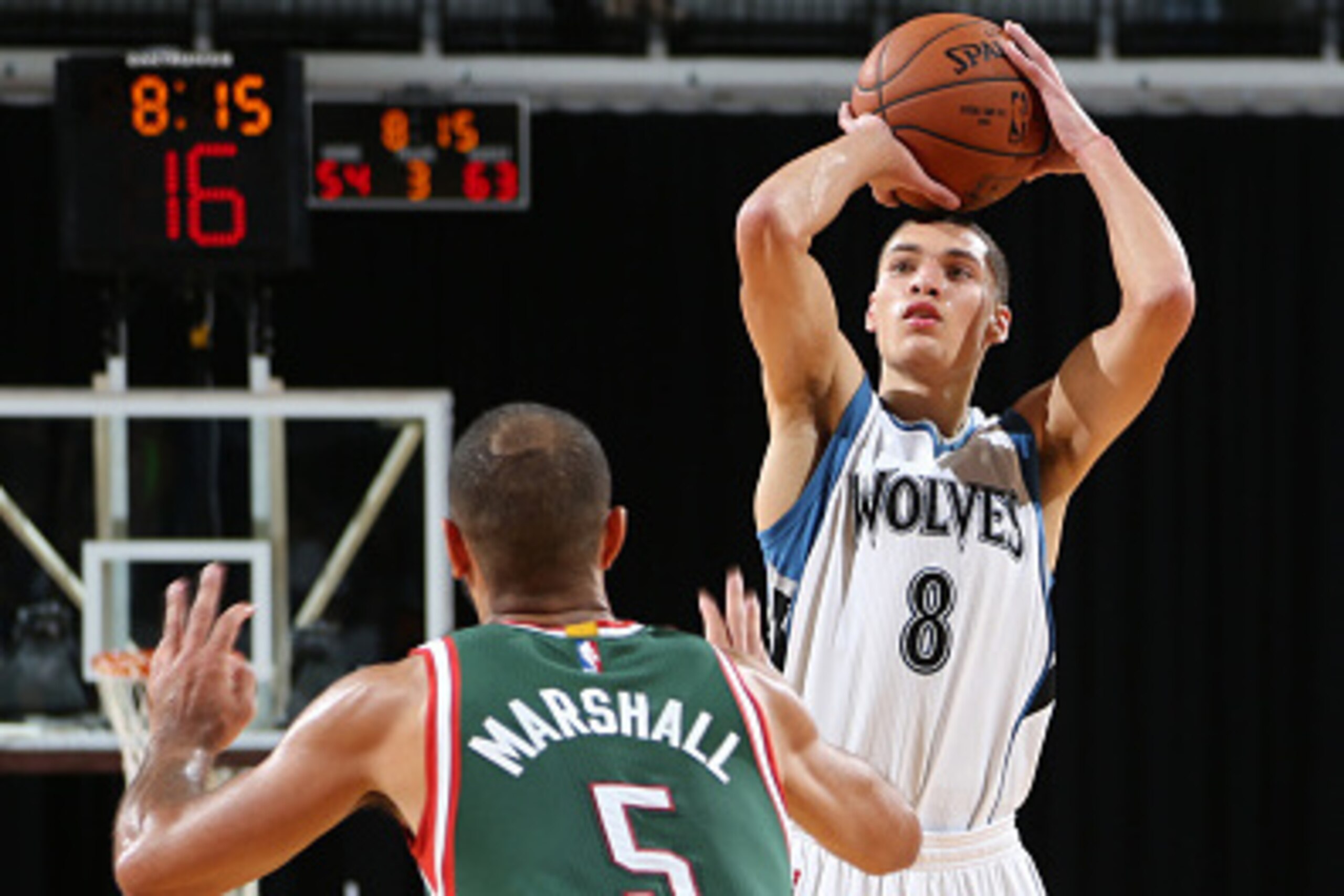 MINNEAPOLIS, MN - OCTOBER 17: Zach LaVine #8 of the Minnesota Timberwolves shoots against the Milwaukee Bucks on October 17, 2014 at U.S. Cellular Center in Cedar Rapids, Iowa. NOTE TO USER: User expressly acknowledges and agrees that, by downloading and 