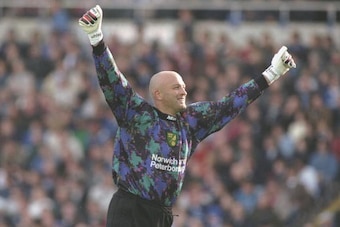 26 Aug 1996:  Bryan Gunn of Norwich celebrates his team scorinig during the Nationwide league division one match between Brimingham City and Norwich City at St. Andrews in Birmingham. Norwich won the match 1-3. Mandatory Credit: Clive Mason/Allsport