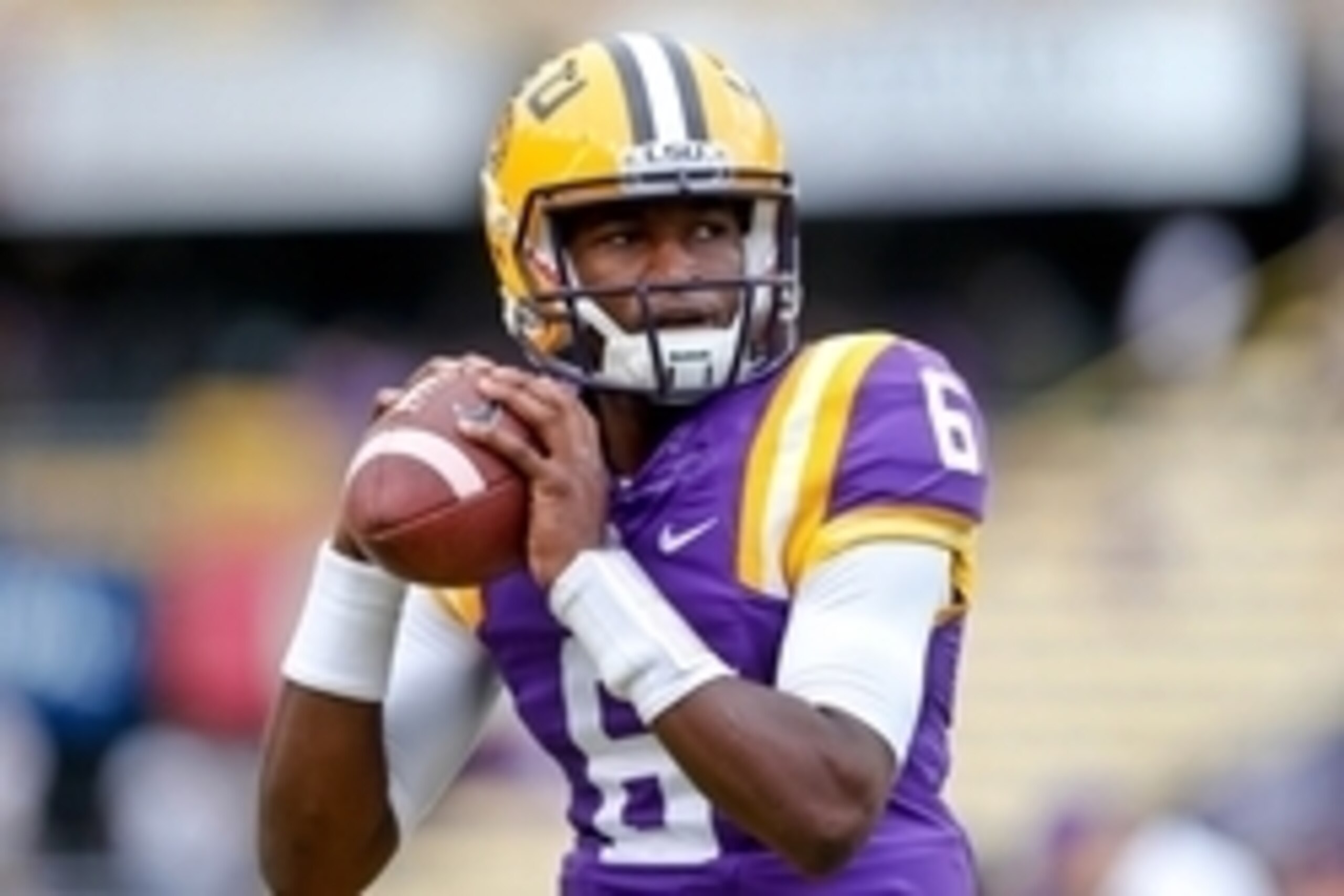 Sep 13, 2014; Baton Rouge, LA, USA; LSU Tigers quarterback Brandon Harris (6) prior to a game against the Louisiana Monroe Warhawks at Tiger Stadium. Mandatory Credit: Derick E. Hingle-USA TODAY Sports