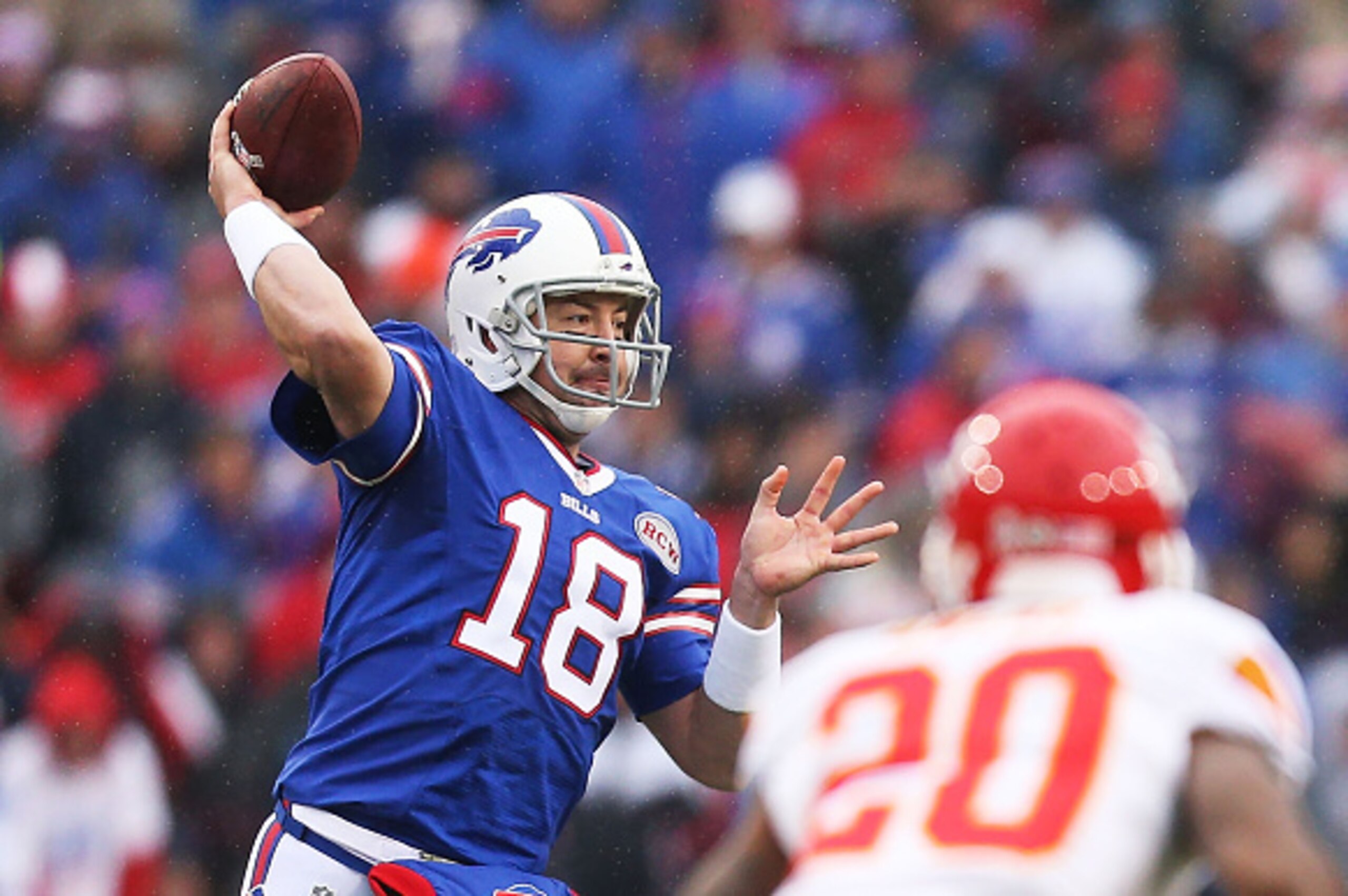 ORCHARD PARK, NY - NOVEMBER 09:   Kyle Orton #18 of the Buffalo Bills throws against the Kansas City Chiefs during the first half at Ralph Wilson Stadium on November 9, 2014 in Orchard Park, New York.  (Photo by Brett Carlsen/Getty Images)