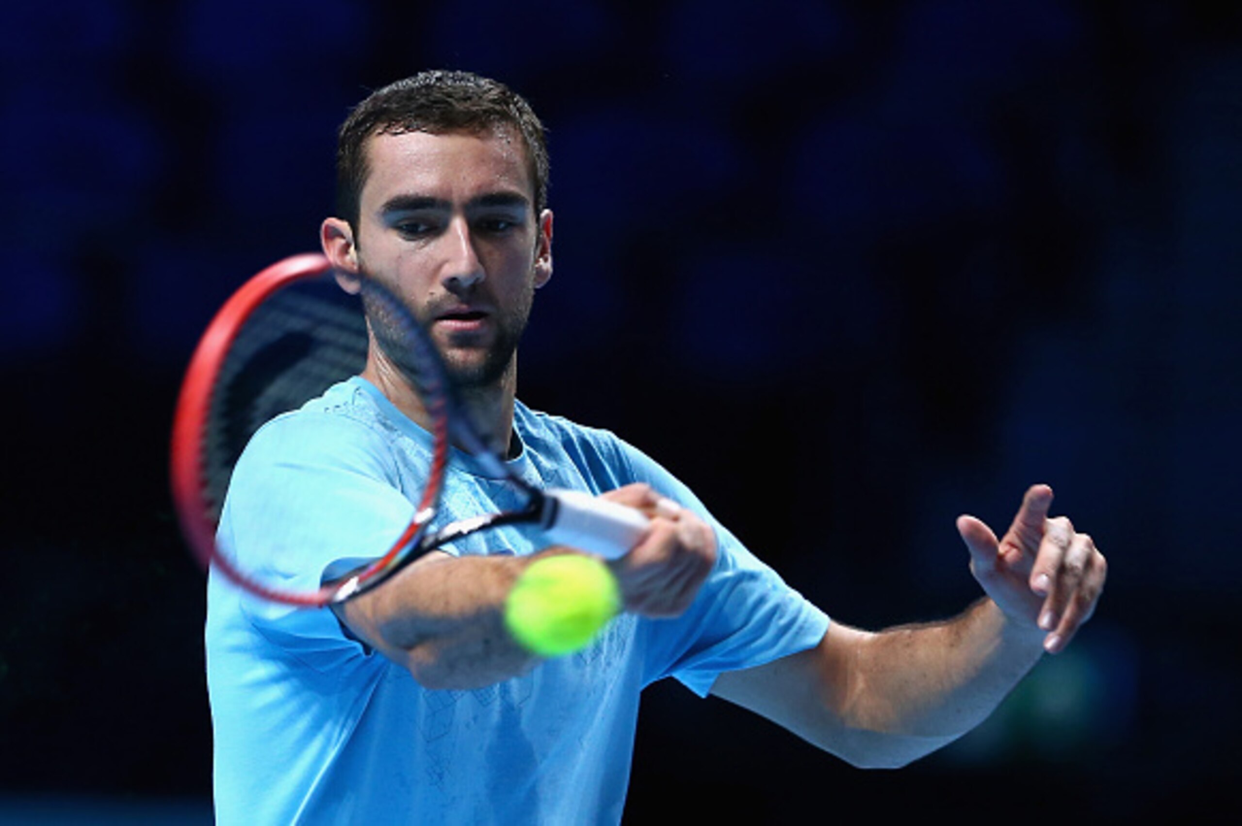 LONDON, ENGLAND - NOVEMBER 08: Marin Cilic of Croatia plays a forehand in practice during the Barclays ATP World Tour Finals tennis previews at the O2 Arena on November 8, 2014 in London, England.  (Photo by Clive Brunskill/Getty Images)