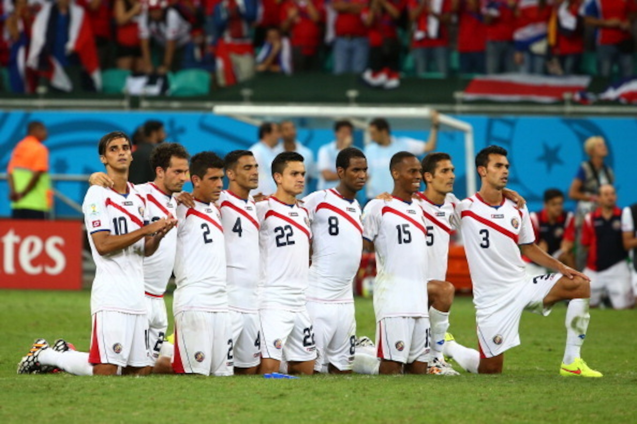 SALVADOR, BRAZIL - JULY 05: (L-R) Bryan Ruiz, Marco Urena, Johnny Acosta, Michael Umana, Jose Miguel Cubero, Dave Myrie, Junior Diaz, Celso Borges and Giancarlo Gonzalez of Costa Rica look on in a penalty shootout during the 2014 FIFA World Cup Brazil Qua