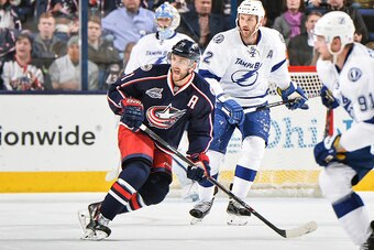 COLUMBUS, OH - NOVEMBER 8:   Nick Foligno #71 of the Columbus Blue Jackets skates against the Tampa Bay Lightning on November 8, 2014 at Nationwide Arena in Columbus, Ohio.  (Photo by Jamie Sabau/NHLI via Getty Images)