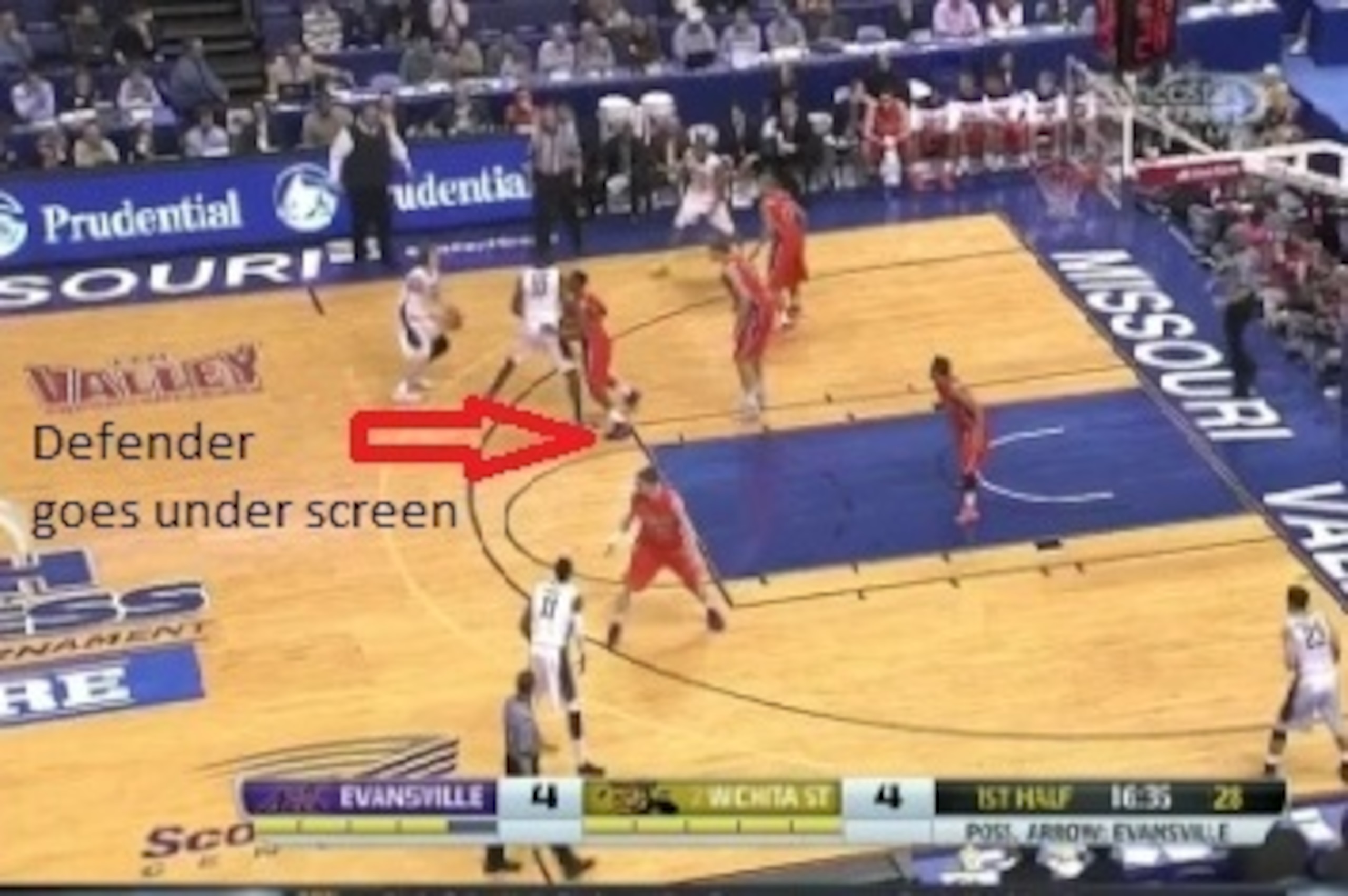 When Ron Baker's defender goes under the screen, he immediately pulls the trigger for a three.