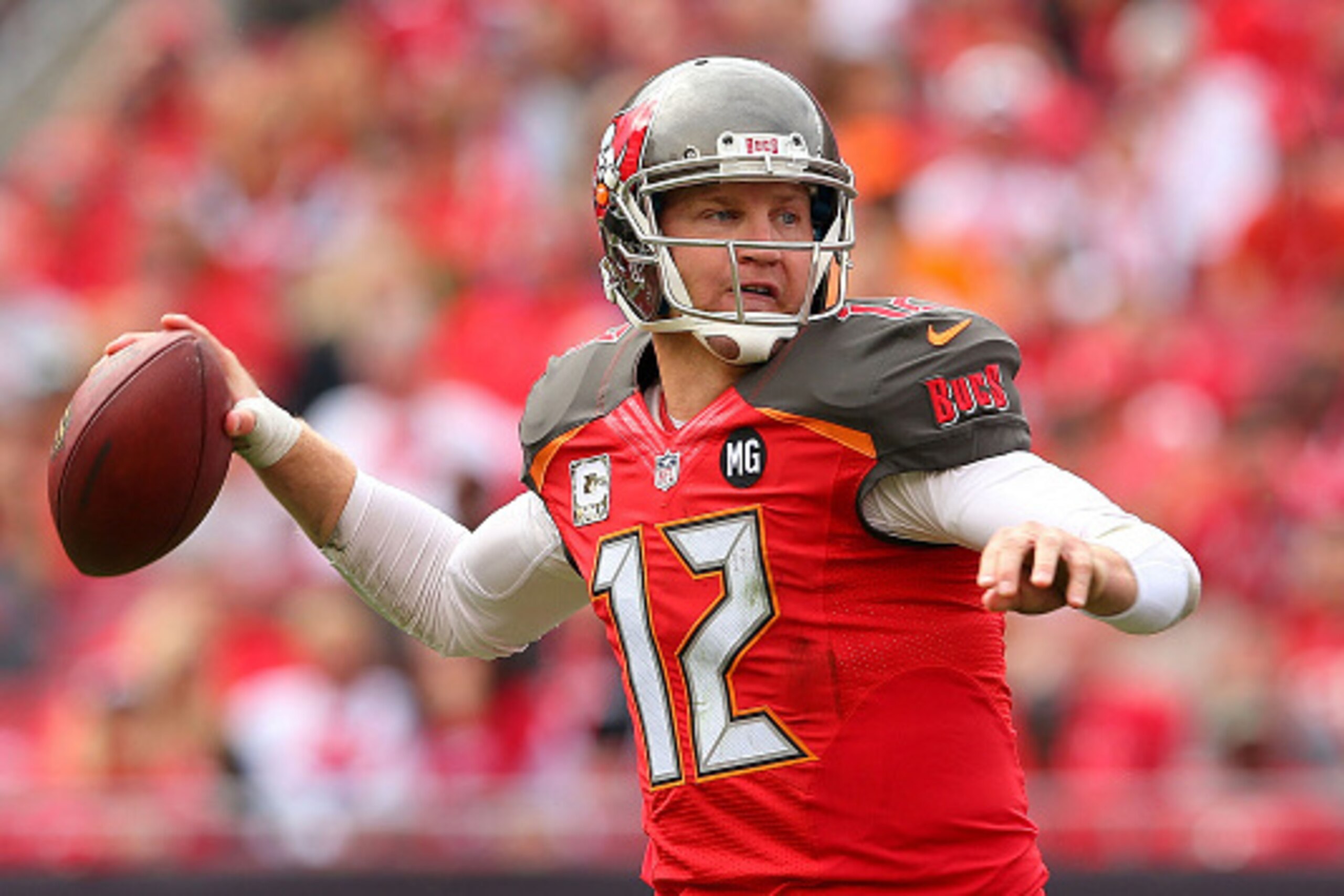 TAMPA, FL - NOVEMBER 09:  Josh McCown #12 of the Tampa Bay Buccaneers sets to throw during the second quarter of the game against the Atlanta Falcons at Raymond James Stadium on November 9, 2014 in Tampa, Florida.  (Photo by Mike Ehrmann/Getty Images)