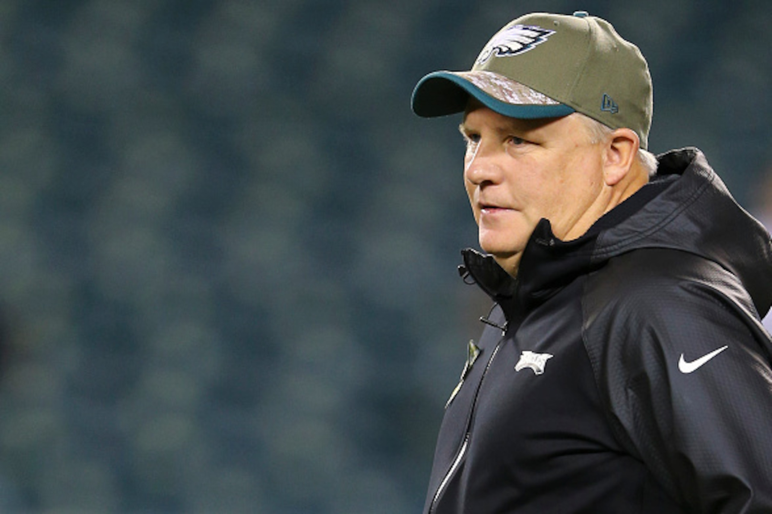 PHILADELPHIA, PA - NOVEMBER 10: Head coach Chip Kelly of the Philadelphia Eagles walks on the field prior to the start of the game against the Carolina Panthers on November 10, 2014 at Lincoln Financial Field in Philadelphia, Pennsylvania. (Photo by Elsa/