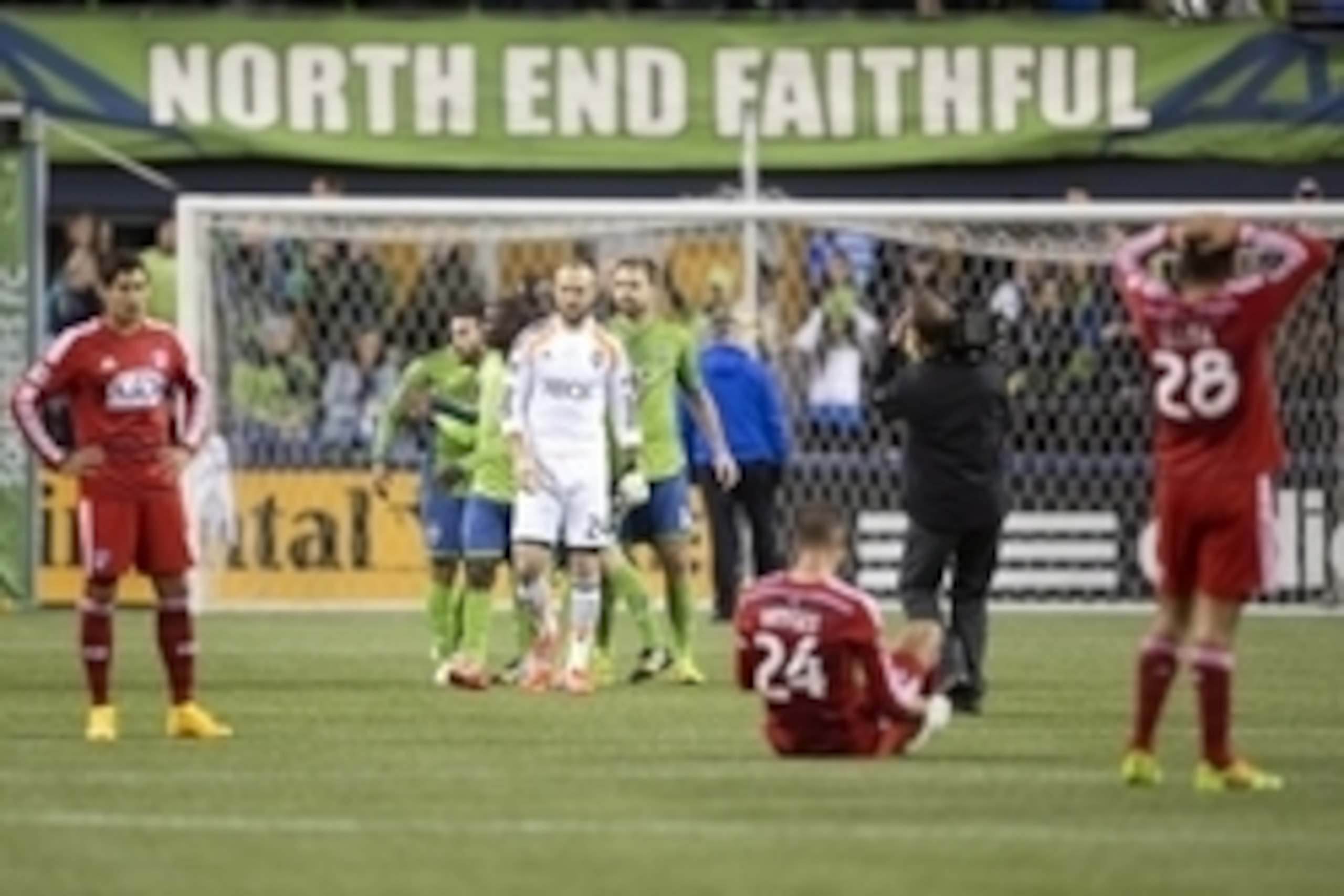 Nov 10, 2014; Seattle, WA, USA; Seattle Sounders FC players including Seattle Sounders FC goalkeeper Stefan Frei (24) gather following the final whistle of a 0-0 draw against FC Dallas at CenturyLink Field. Mandatory Credit: Joe Nicholson-USA TODAY Sports Nov 10, 2014; Seattle, WA, USA; Seattle Sounders FC players including Seattle Sounders FC goalkeeper Stefan Frei (24) gather following the final whistle of a 0-0 draw against FC Dallas at CenturyLink Field. Mandatory Credit: Joe Nicholson-USA TODAY Sports