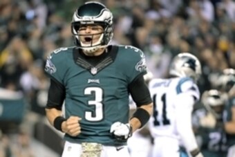 Nov 10, 2014; Philadelphia, PA, USA; Philadelphia Eagles quarterback Mark Sanchez (3) reacts after the Eagles scored a touchdown against the Carolina Panthers during the third quarter at Lincoln Financial Field. Mandatory Credit: Eric Hartline-USA TODAY S