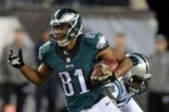Nov 10, 2014; Philadelphia, PA, USA; Philadelphia Eagles receiver Jordan Matthews (81) carries the ball against the Carolina Panthers at Lincoln Financial Field. Mandatory Credit: Kirby Lee-USA TODAY Sports