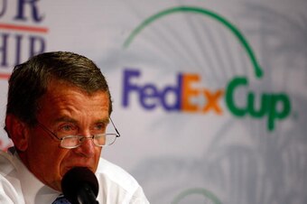 ATLANTA - SEPTEMBER 23:  PGA Tour commissioner Tim Finchem speaks with the media prior to the start of THE TOUR Championship at East Lake Golf Club on September 23, 2009 in Atlanta, Georgia.  (Photo by Scott Halleran/Getty Images)