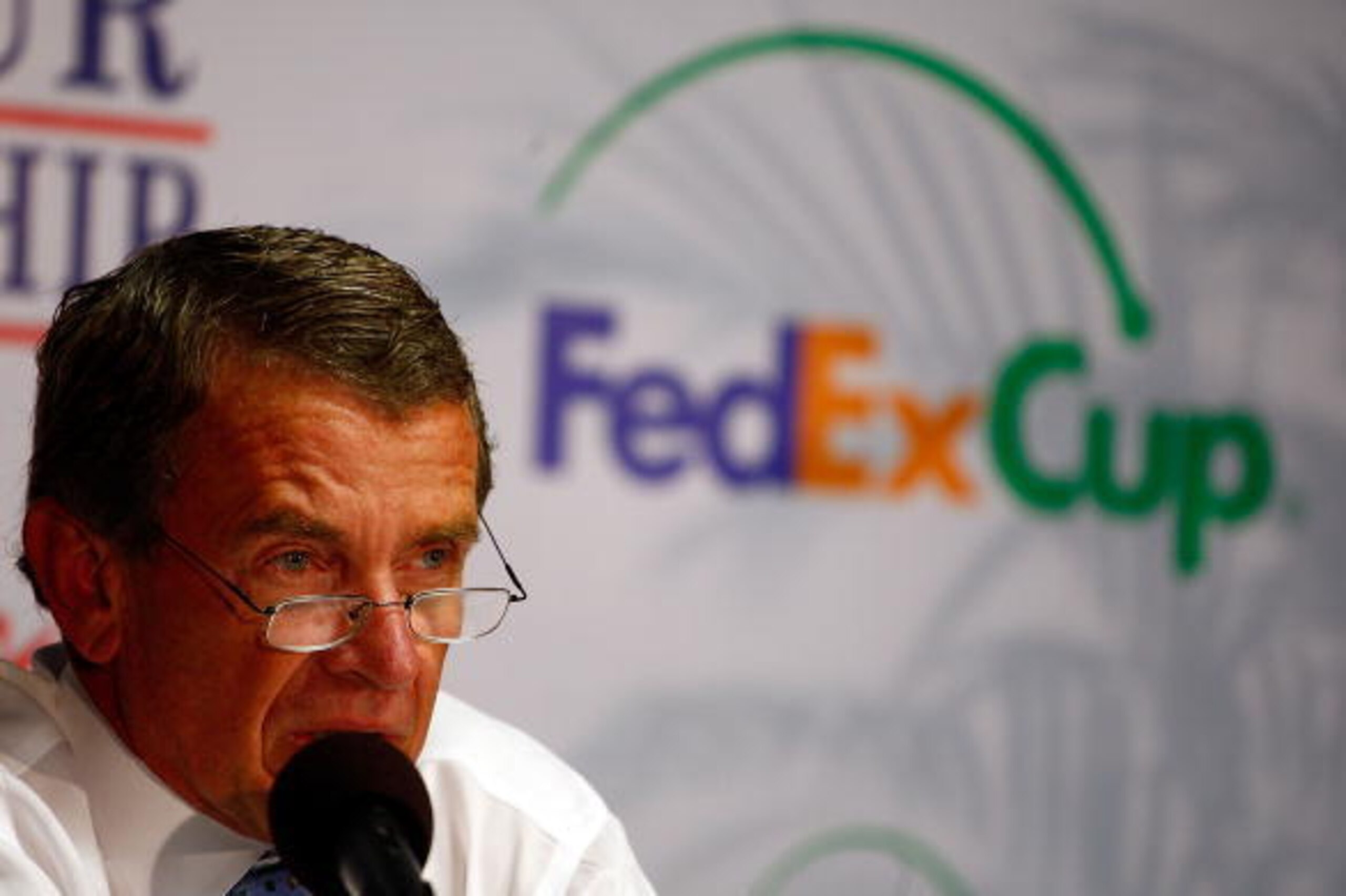 ATLANTA - SEPTEMBER 23:  PGA Tour commissioner Tim Finchem speaks with the media prior to the start of THE TOUR Championship at East Lake Golf Club on September 23, 2009 in Atlanta, Georgia.  (Photo by Scott Halleran/Getty Images)