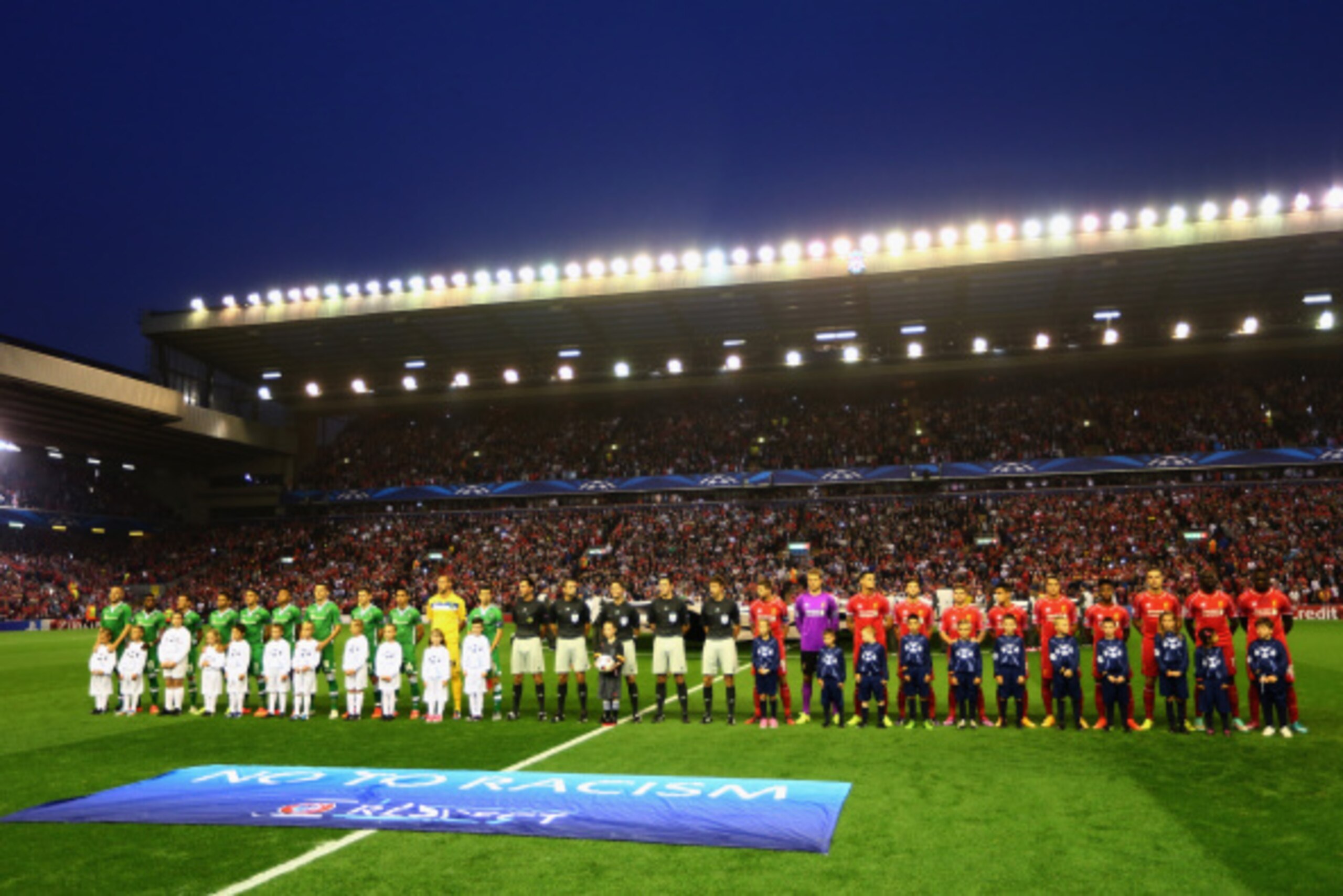 LIVERPOOL, ENGLAND - SEPTEMBER 16:  The teams line up during the UEFA Champions League Group B match between Liverpool FC and PFC Ludogorets Razgrad at Anfield on September 16, 2014 in Liverpool, United Kingdom.  (Photo by Clive Brunskill/Getty Images)