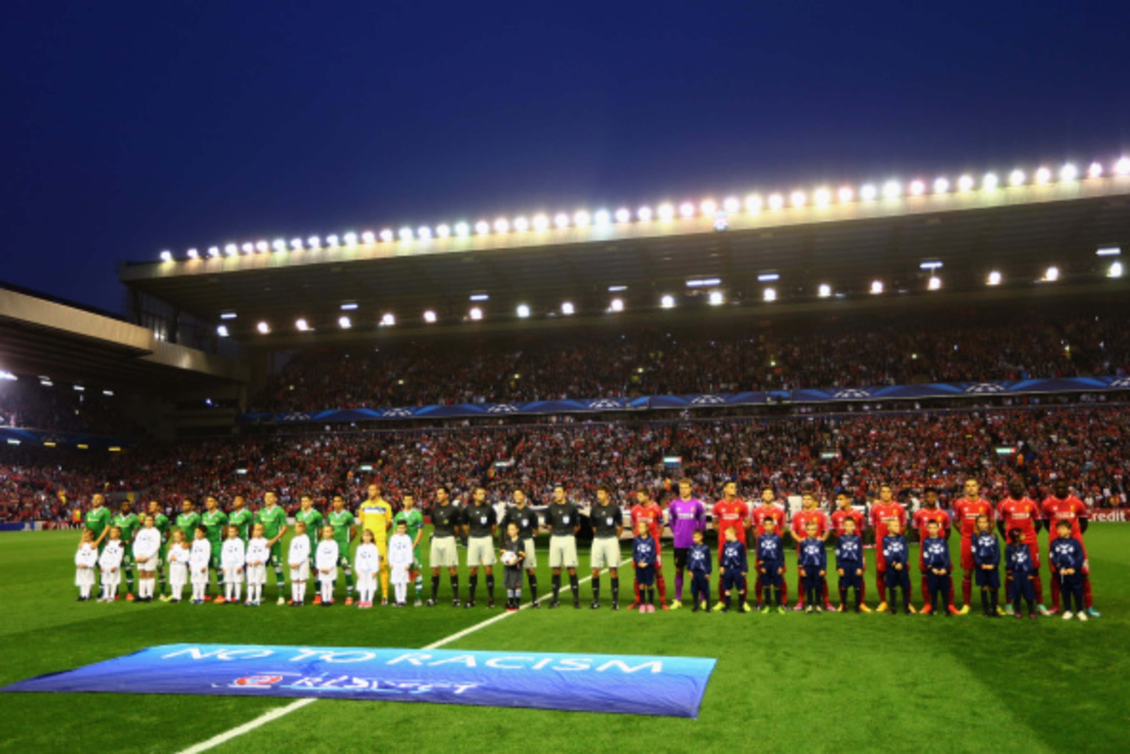 LIVERPOOL, ENGLAND - SEPTEMBER 16: The teams line up during the UEFA Champions League Group B match between Liverpool FC and PFC Ludogorets Razgrad at Anfield on September 16, 2014 in Liverpool, United Kingdom. (Photo by Clive Brunskill/Getty Images) LIVERPOOL, ENGLAND - SEPTEMBER 16: The teams line up during the UEFA Champions League Group B match between Liverpool FC and PFC Ludogorets Razgrad at Anfield on September 16, 2014 in Liverpool, United Kingdom. (Photo by Clive Brunskill/Getty Images)