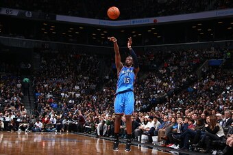 NEW YORK, NY - NOVEMBER 3:  Reggie Jackson #15 of the Oklahoma City Thunder shoots against the Brooklyn Nets on November 3, 2014 at the Barclays Center in the Brooklyn borough of New York City. NOTE TO USER: User expressly acknowledges and agrees that, by