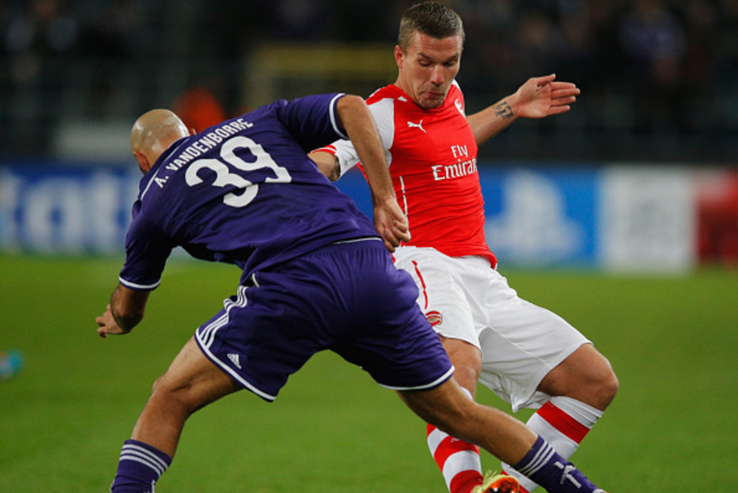 BRUSSELS, BELGIUM - OCTOBER 22: Anthony Vanden Borre of Anderlecht battles with Lukas Podolski of Arsenal during the UEFA Champions League Group D match between RSC Anderlecht and Arsenal at Constant Vanden Stock Stadium on October 22, 2014 in Brussels, BRUSSELS, BELGIUM - OCTOBER 22: Anthony Vanden Borre of Anderlecht battles with Lukas Podolski of Arsenal during the UEFA Champions League Group D match between RSC Anderlecht and Arsenal at Constant Vanden Stock Stadium on October 22, 2014 in Brussels,