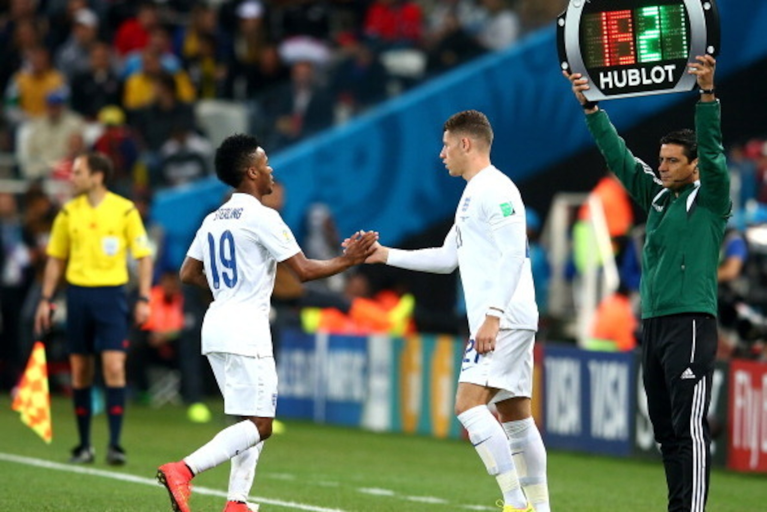 SAO PAULO, BRAZIL - JUNE 19:  Raheem Sterling of England is substituted by Ross Barkley during the 2014 FIFA World Cup Brazil Group D match between Uruguay and England at Arena de Sao Paulo on June 19, 2014 in Sao Paulo, Brazil.  (Photo by Julian Finney/G