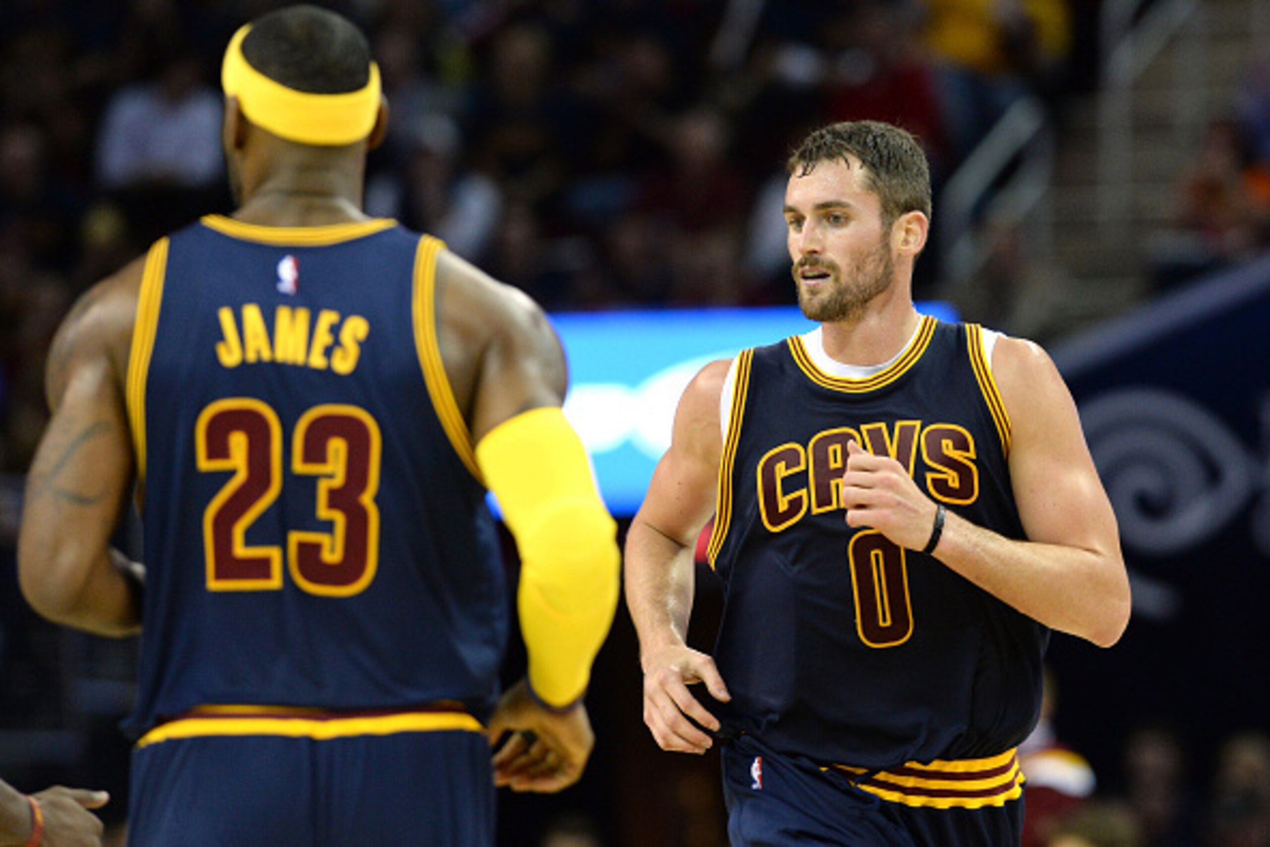 CLEVELAND, OH - OCTOBER 30: Kevin Love #0 of the Cleveland Carvaliers runs up court after a play in the second quarter against the New York Knicks at Quicken Loans Arena on October 30, 2014 in Cleveland, Ohio. NOTE TO USER: User expressly acknowledges and