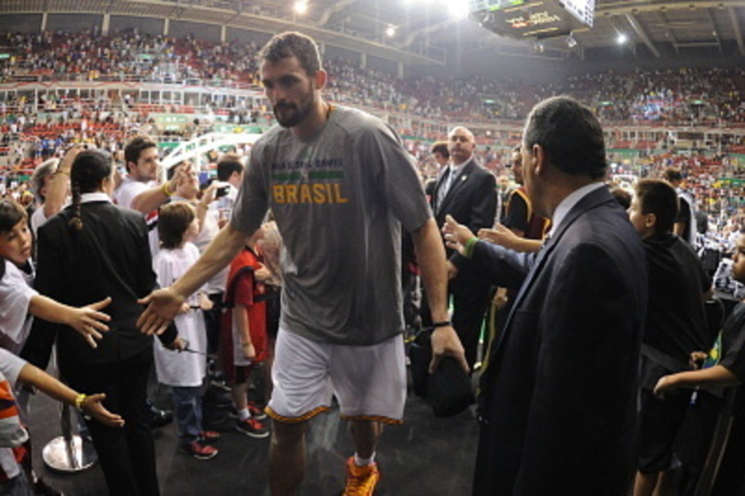 RIO DE JANEIRO, BRAZIL - OCTOBER 11:  Kevin Love #0 of the Cleveland Cavaliers greets the fans after a game against the Miami Heat at the HSBC Arena as a part of NBA Global Games on October 11, 2014 in Rio de Janeiro, Brazil.  NOTE TO USER:  User expressl