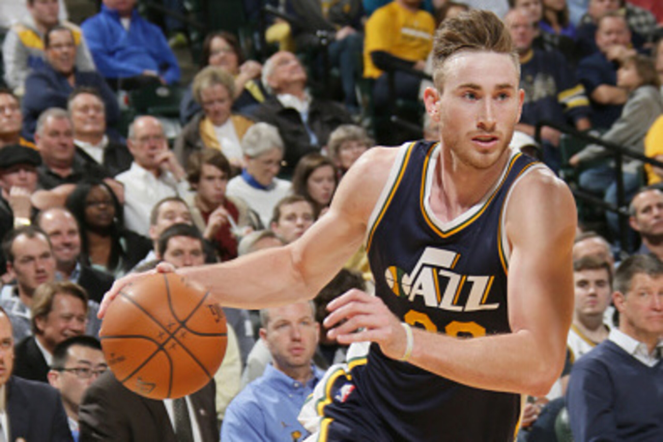 INDIANAPOLIS, IN - NOVEMBER 10: Gordon Hayward #20 of the Utah Jazz drives to the basket during the game on November 10, 2014 at Bankers Life Fieldhouse in Indianapolis, Indiana. NOTE TO USER: User expressly acknowledges and agrees that, by downloading an