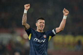 STOKE ON TRENT, ENGLAND - OCTOBER 29:  Jose Fonte of Southampton celebrates after winning the Capital One Cup Fourth Round match between Stoke City and Southampton at Britannia Stadium on October 29, 2014 in Stoke on Trent, England.  (Photo by Gareth Copl