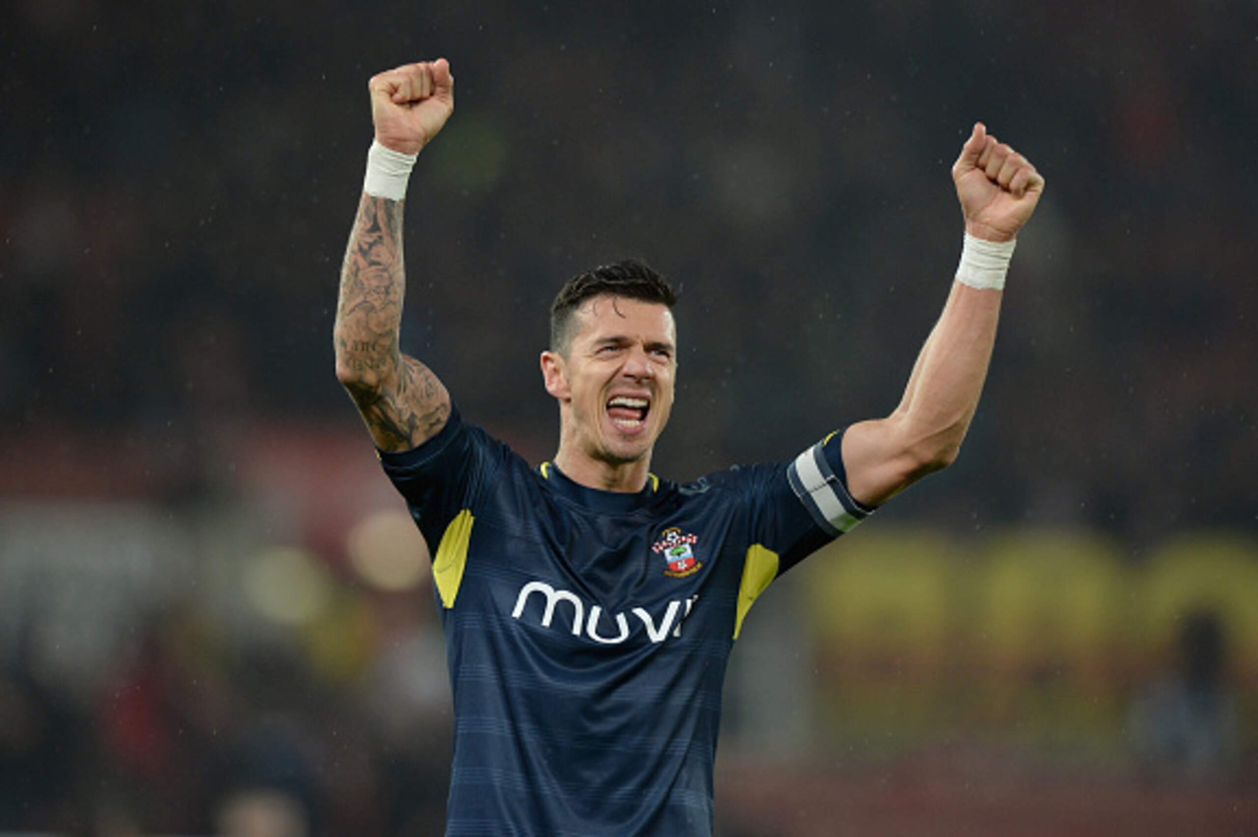 STOKE ON TRENT, ENGLAND - OCTOBER 29:  Jose Fonte of Southampton celebrates after winning the Capital One Cup Fourth Round match between Stoke City and Southampton at Britannia Stadium on October 29, 2014 in Stoke on Trent, England.  (Photo by Gareth Copl