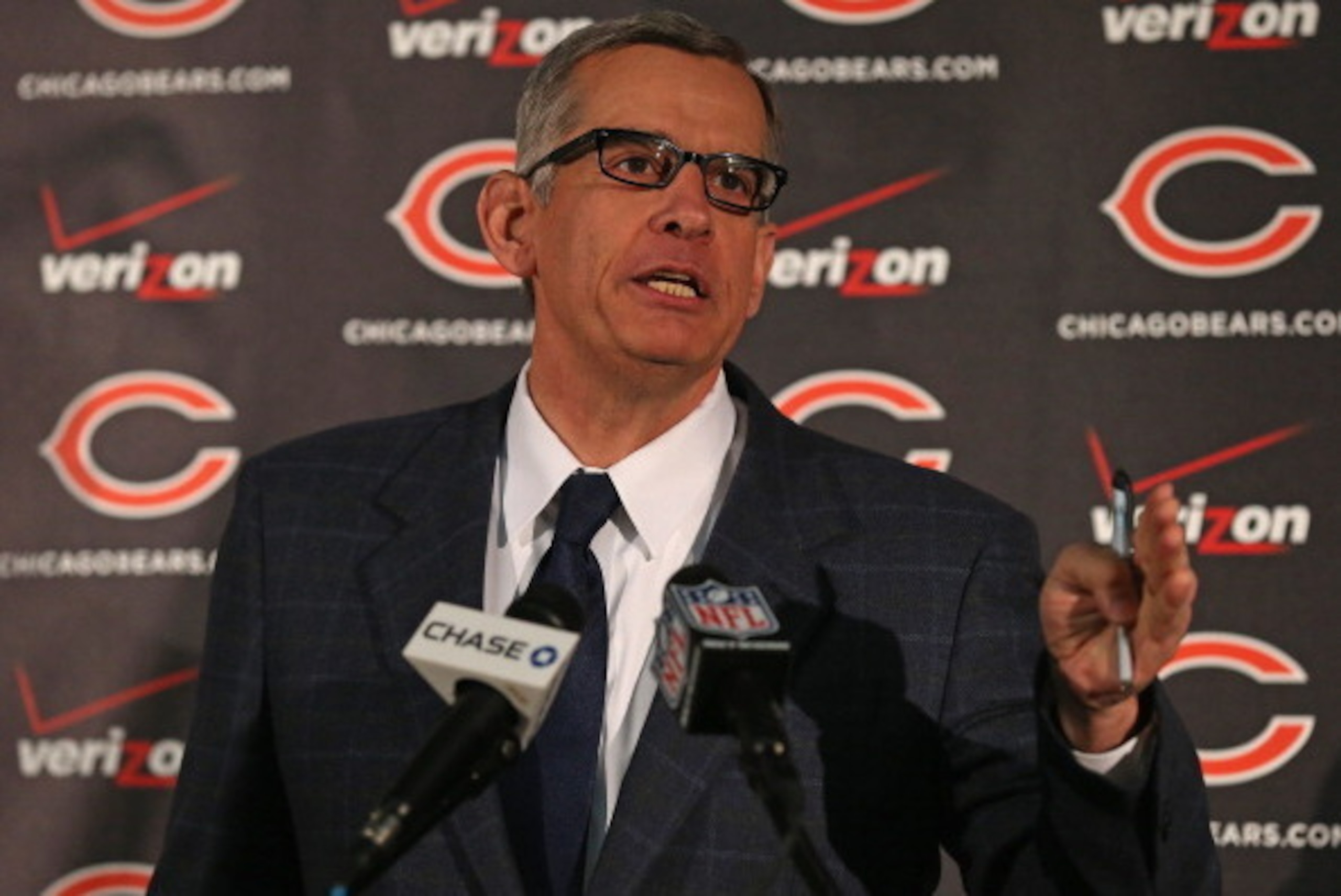 LAKE FOREST, IL - JANUARY 17:  General manager Phil Emery of the Chicago Bears explains his choice of Marc Trestman to be the new head coach of the Bears at Halas Hall on January 17, 2013 in Lake Forest, Illinois.  (Photo by Jonathan Daniel/Getty Images)
