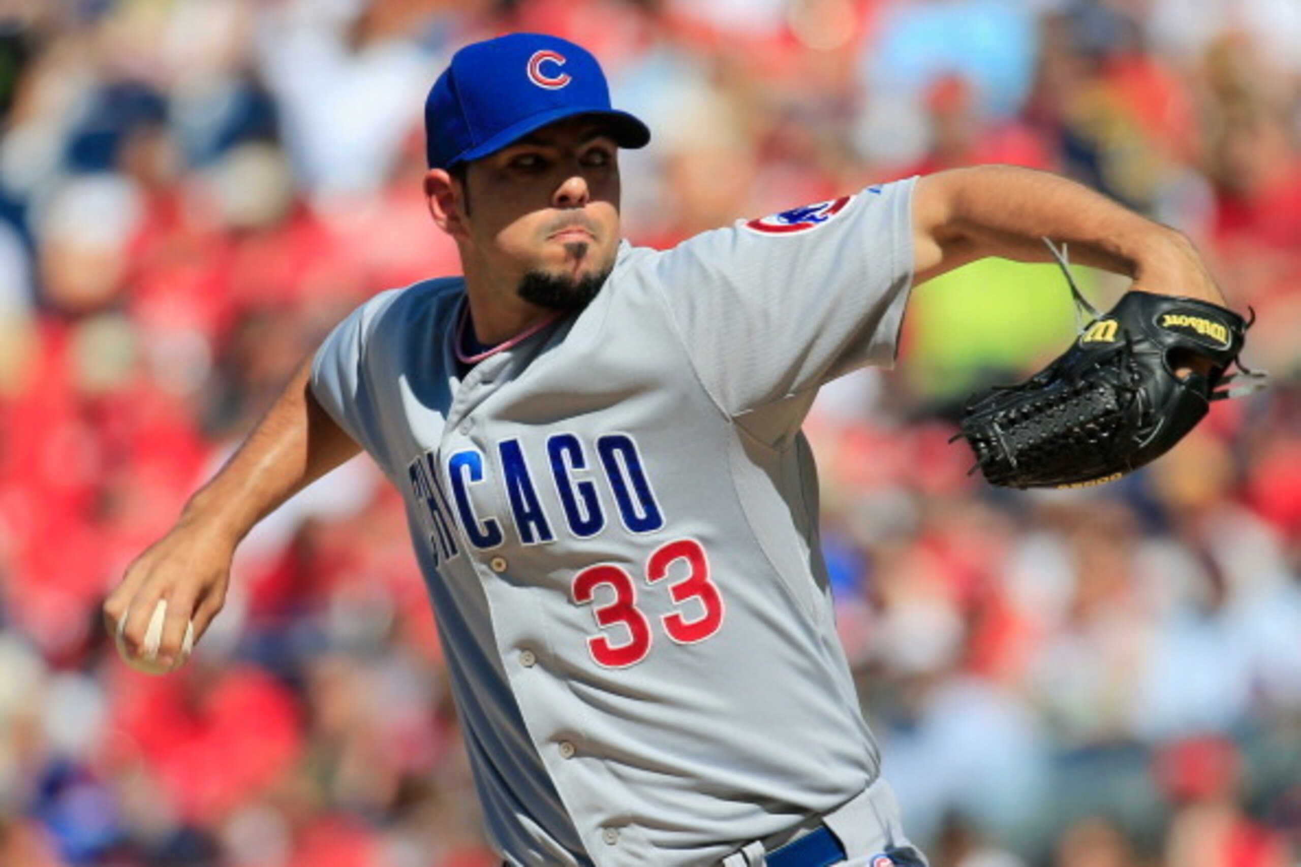 WASHINGTON, DC - JULY 05: Starting pitcher Carlos Villanueva #33 of the Chicago Cubs throws to a Washington Nationals batter during the first inning at Nationals Park on July 5, 2014 in Washington, DC.  (Photo by Rob Carr/Getty Images)