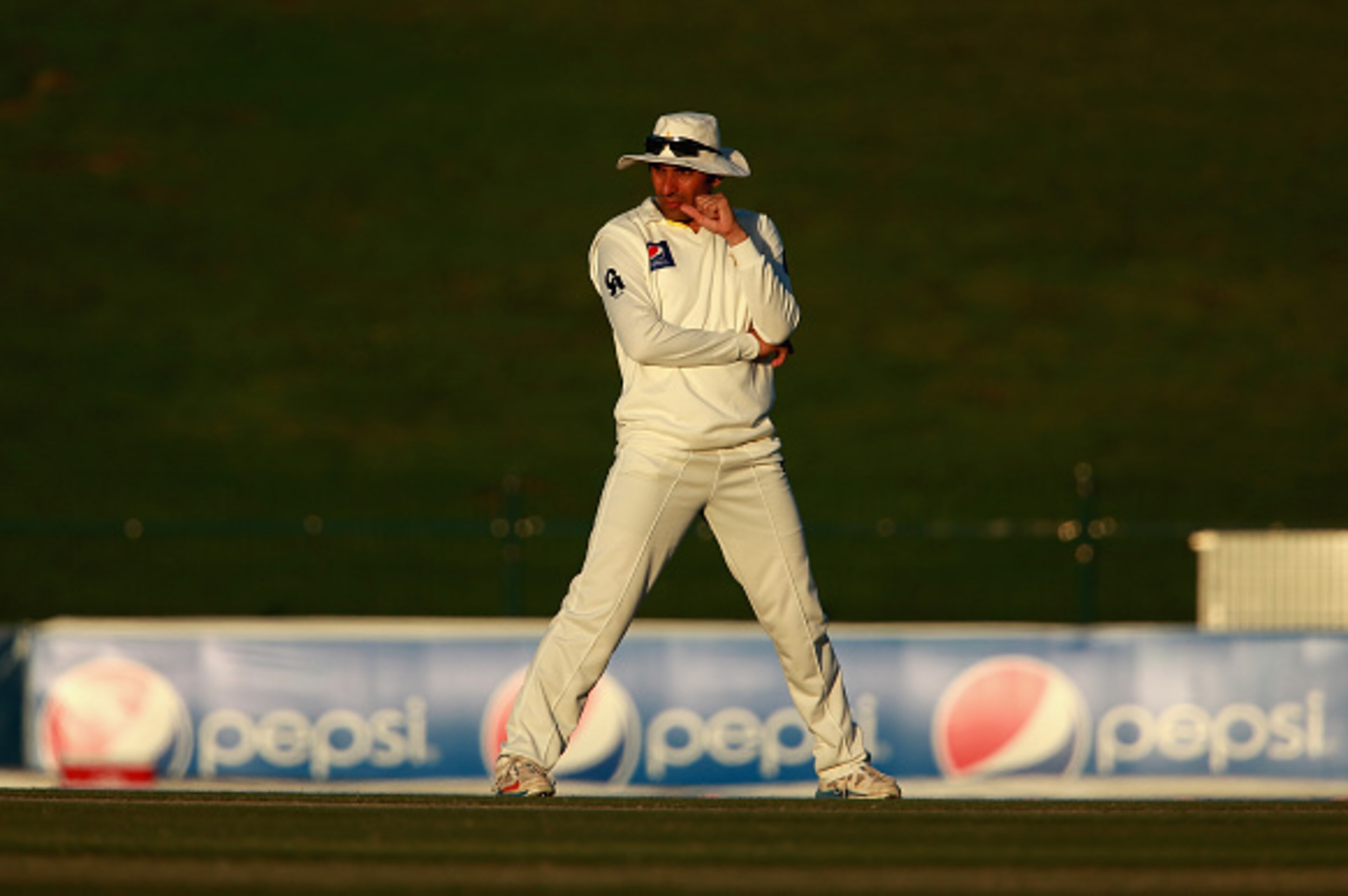 ABU DHABI, UNITED ARAB EMIRATES - NOVEMBER 10:  Misbah-ul-Haq of Pakistan looks on during day two of the first test between Pakistan and New Zealand at Sheikh Zayed stadium on November 10, 2014 in Abu Dhabi, United Arab Emirates.  (Photo by Warren Little/