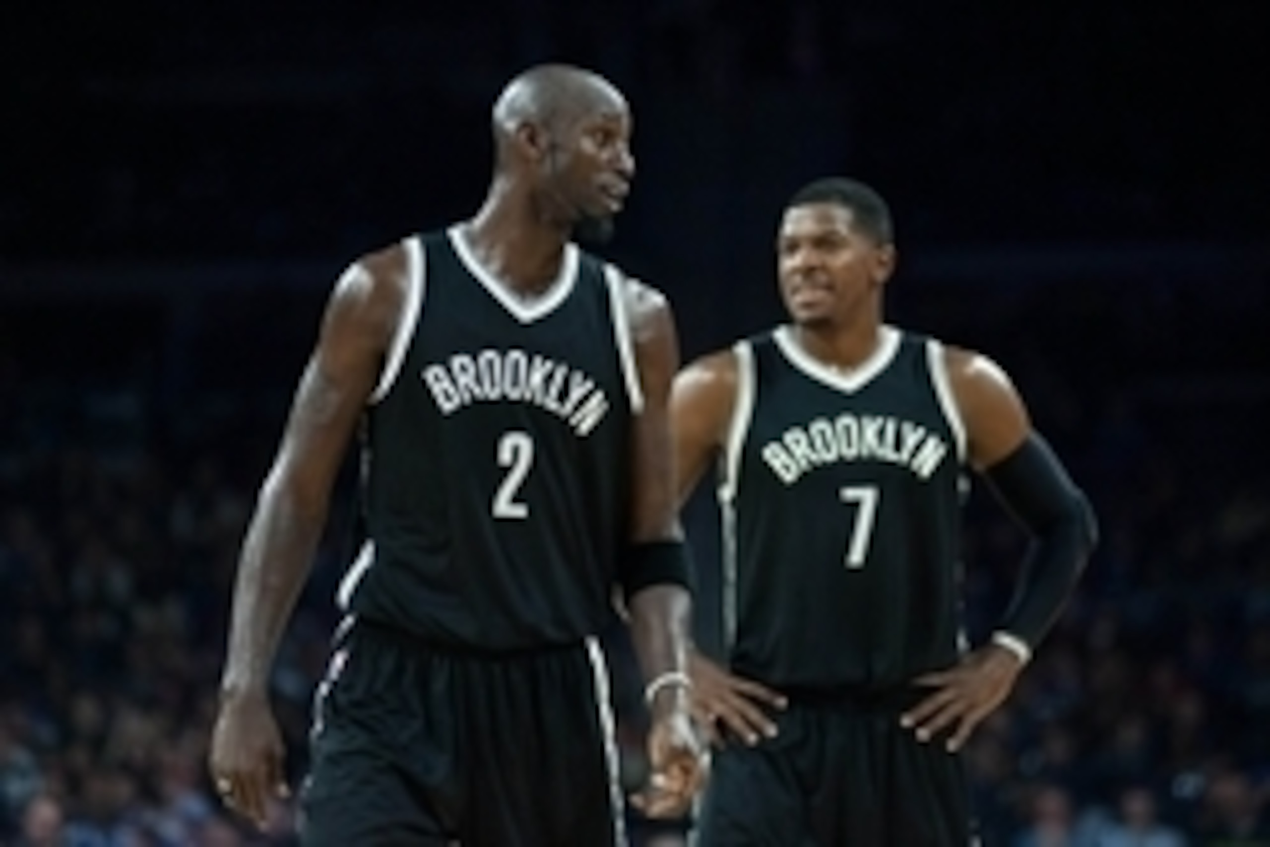 Nov 1, 2014; Auburn Hills, MI, USA; Brooklyn Nets center Kevin Garnett (2) and guard Joe Johnson (7) during the third quarter against the Detroit Pistons at The Palace of Auburn Hills. Mandatory Credit: Tim Fuller-USA TODAY Sports