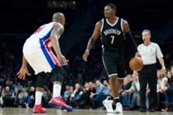 Nov 1, 2014; Auburn Hills, MI, USA; Detroit Pistons forward Caron Butler (31) guards Brooklyn Nets guard Joe Johnson (7) during the first quarter at The Palace of Auburn Hills. Mandatory Credit: Tim Fuller-USA TODAY Sports